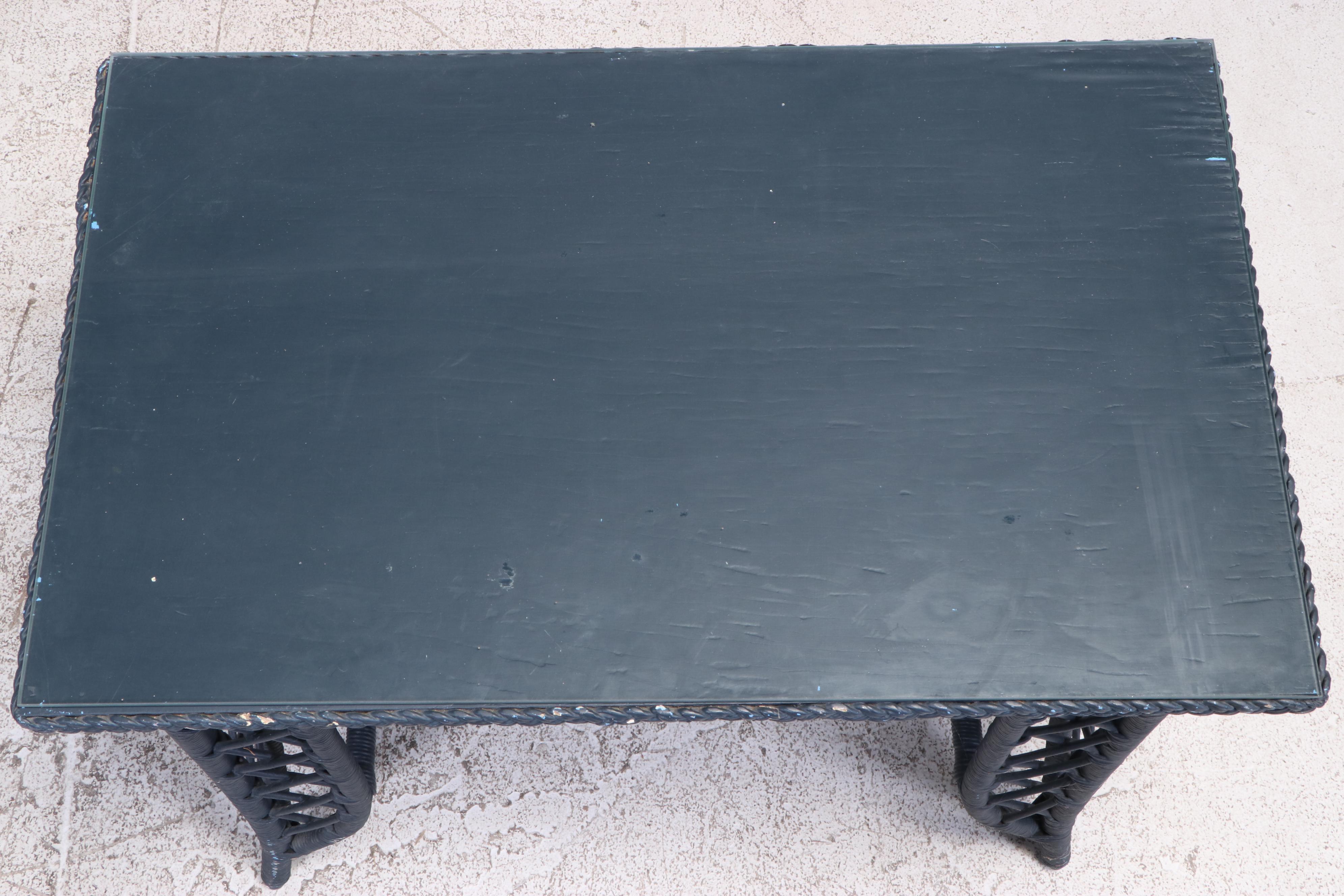 Painted Wicker and Rattan Table with Glass Top