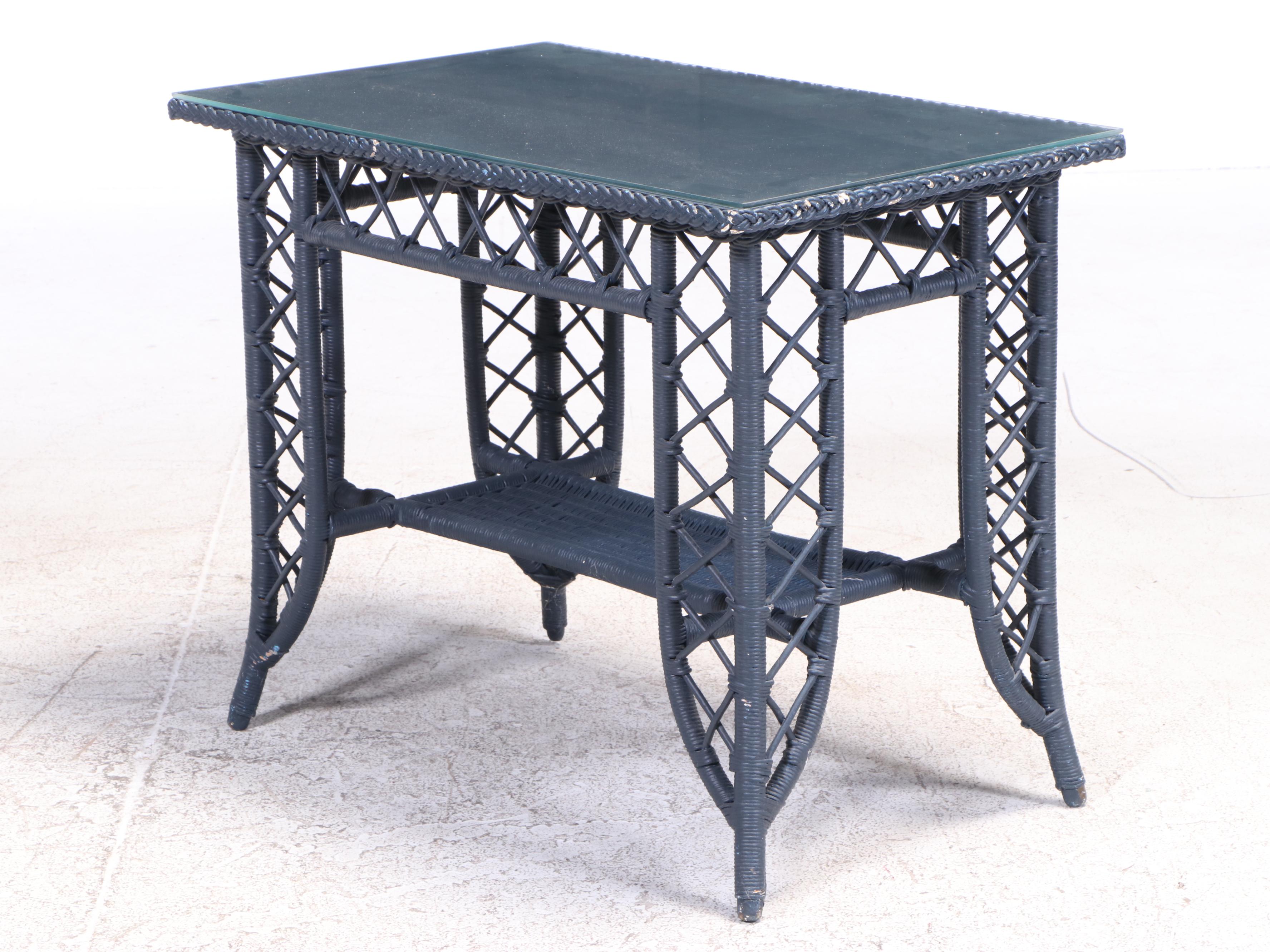 Painted Wicker and Rattan Table with Glass Top