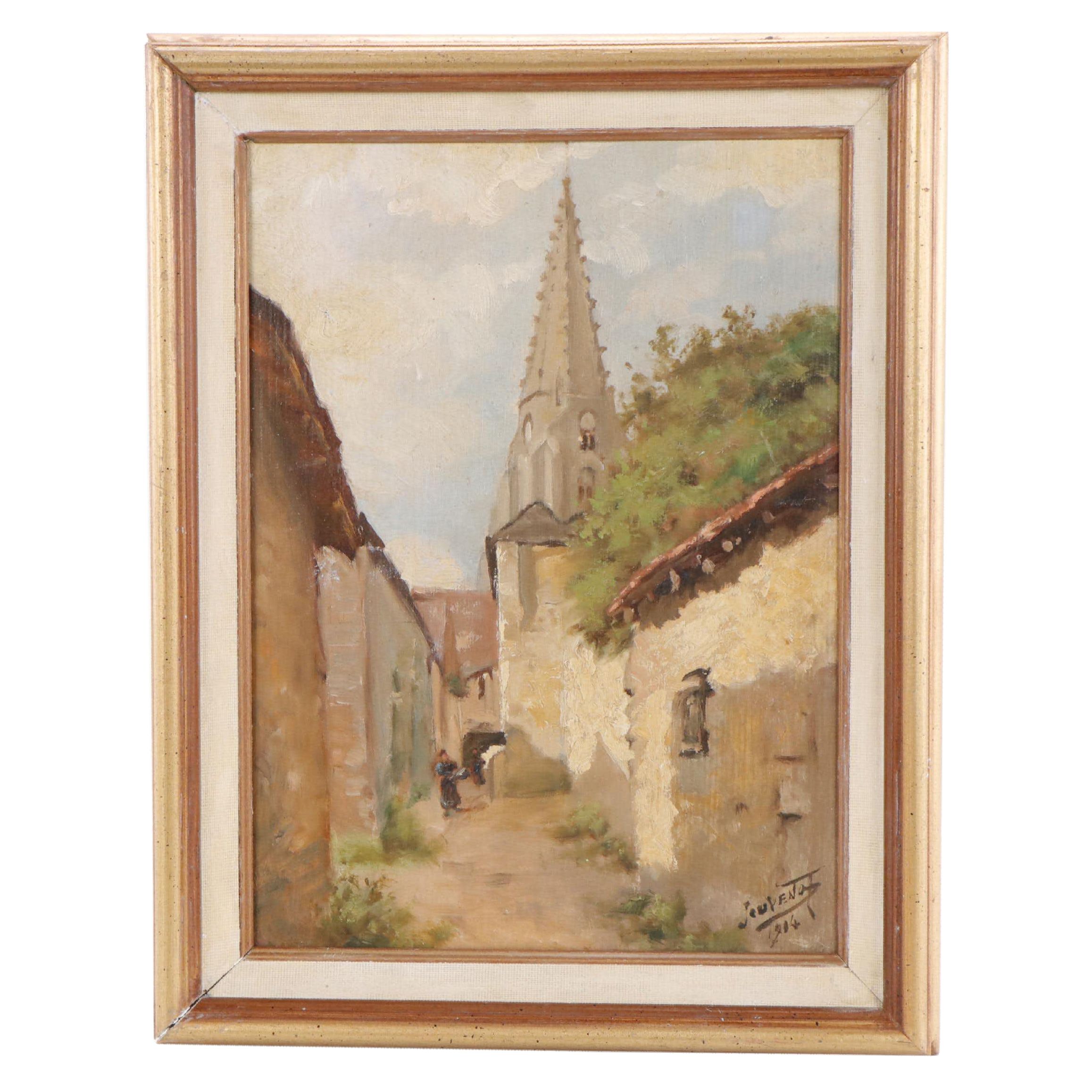 European Village Scene Oil Painting, 1904