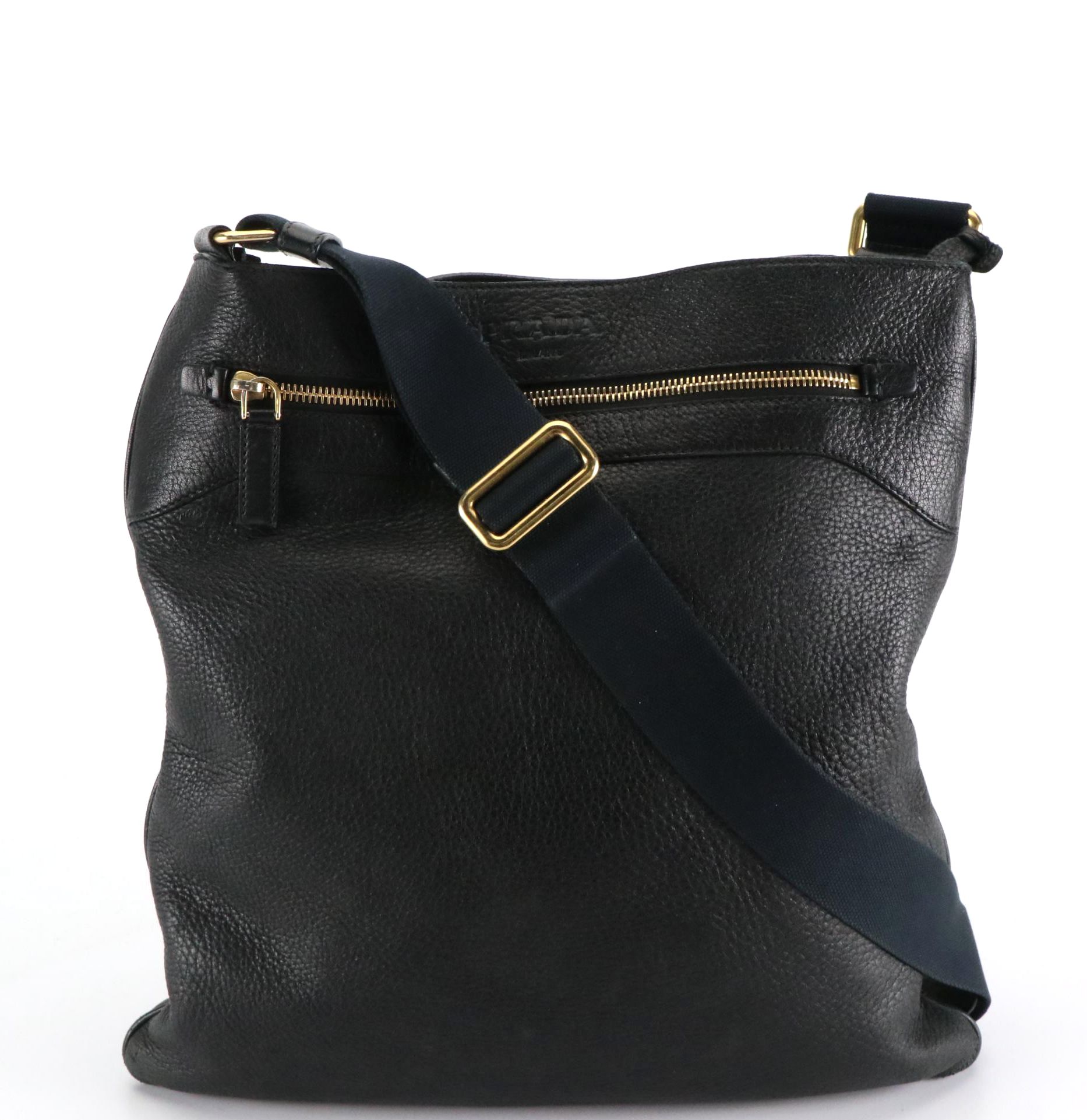Prada Messenger Crossbody Bag in Black Grained Leather