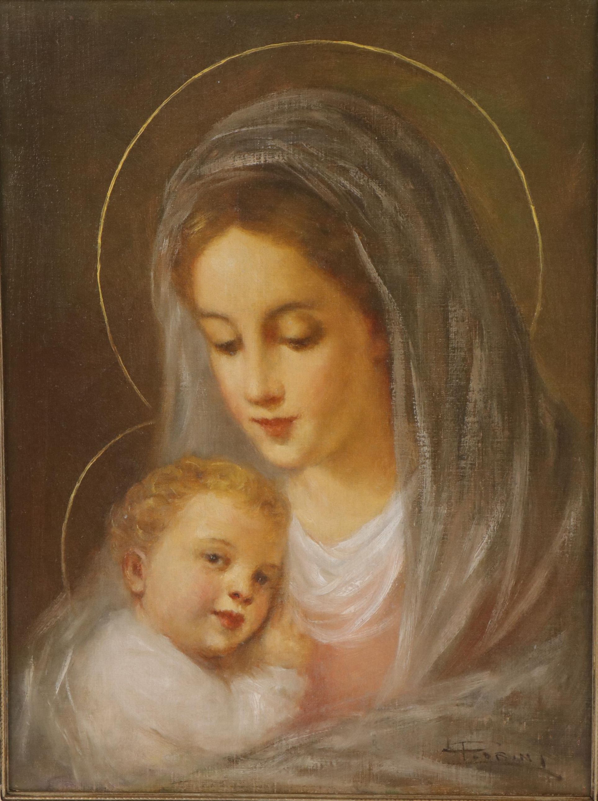 Devotional Oil Painting of Madonna and Child