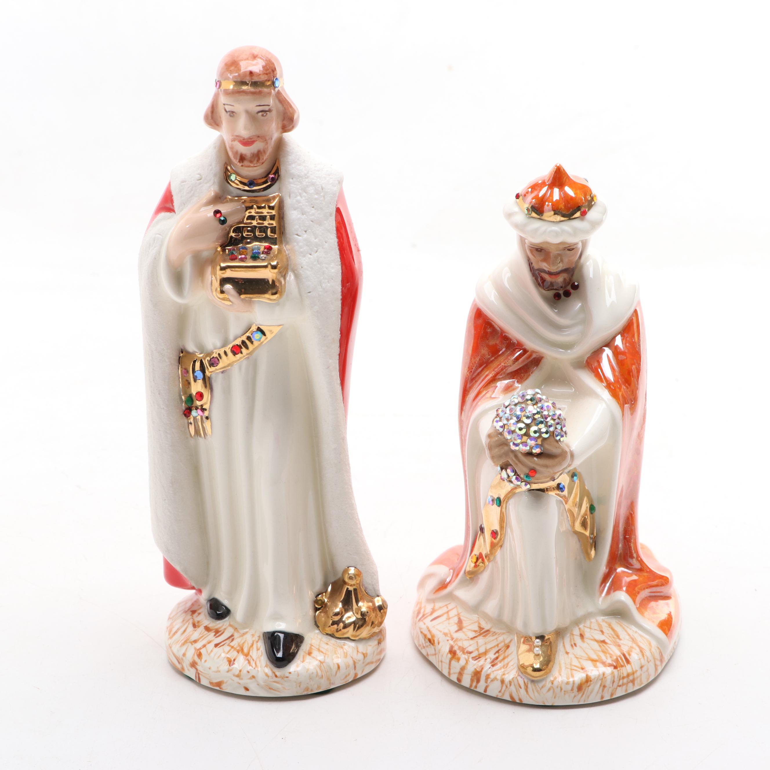 Holland Mold Hand-Painted Lustreware and Gilt Ceramic Nativity Figurines