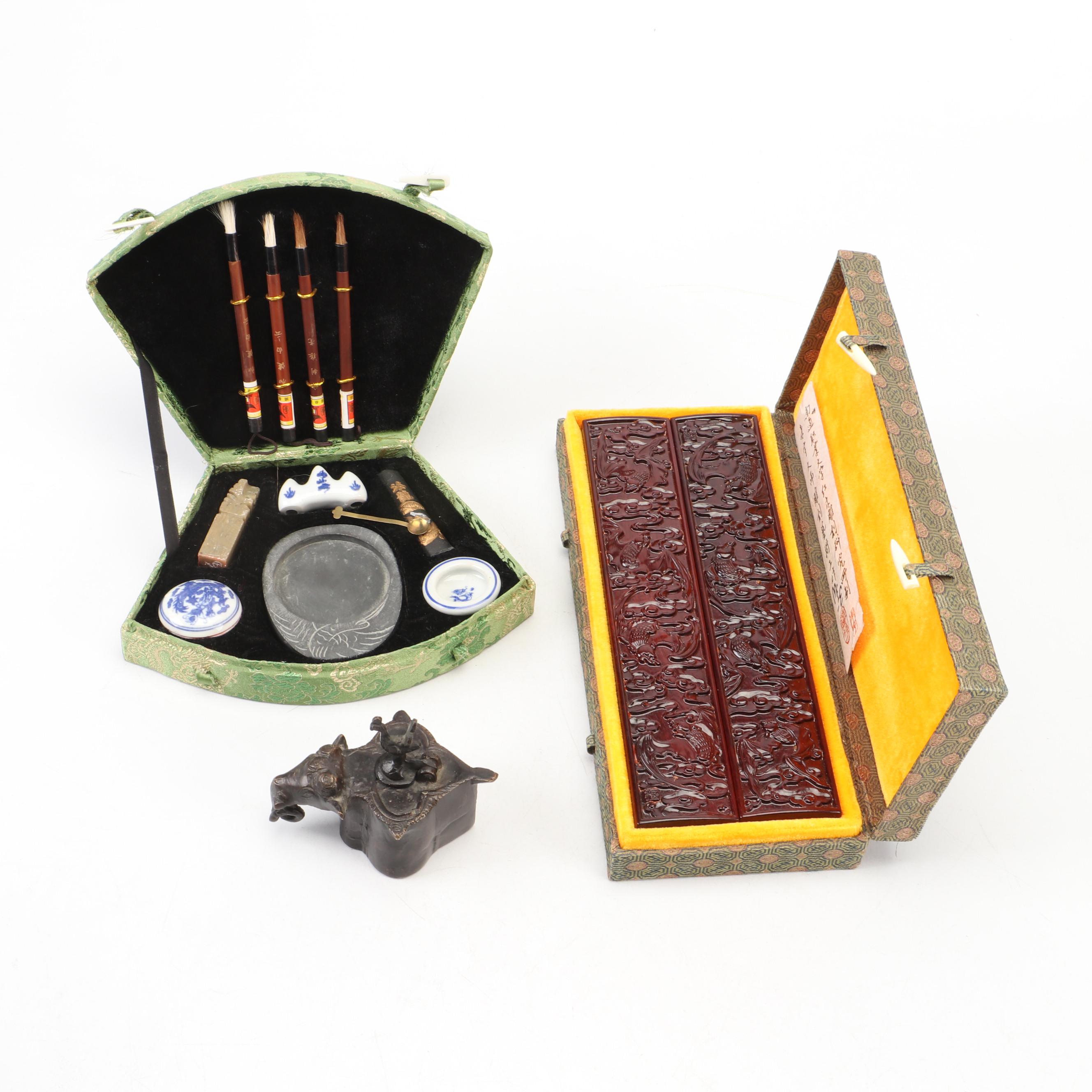 Chinese Calligraphy Set and Wood Writers' Blocks with Indian Brass Ink Pot