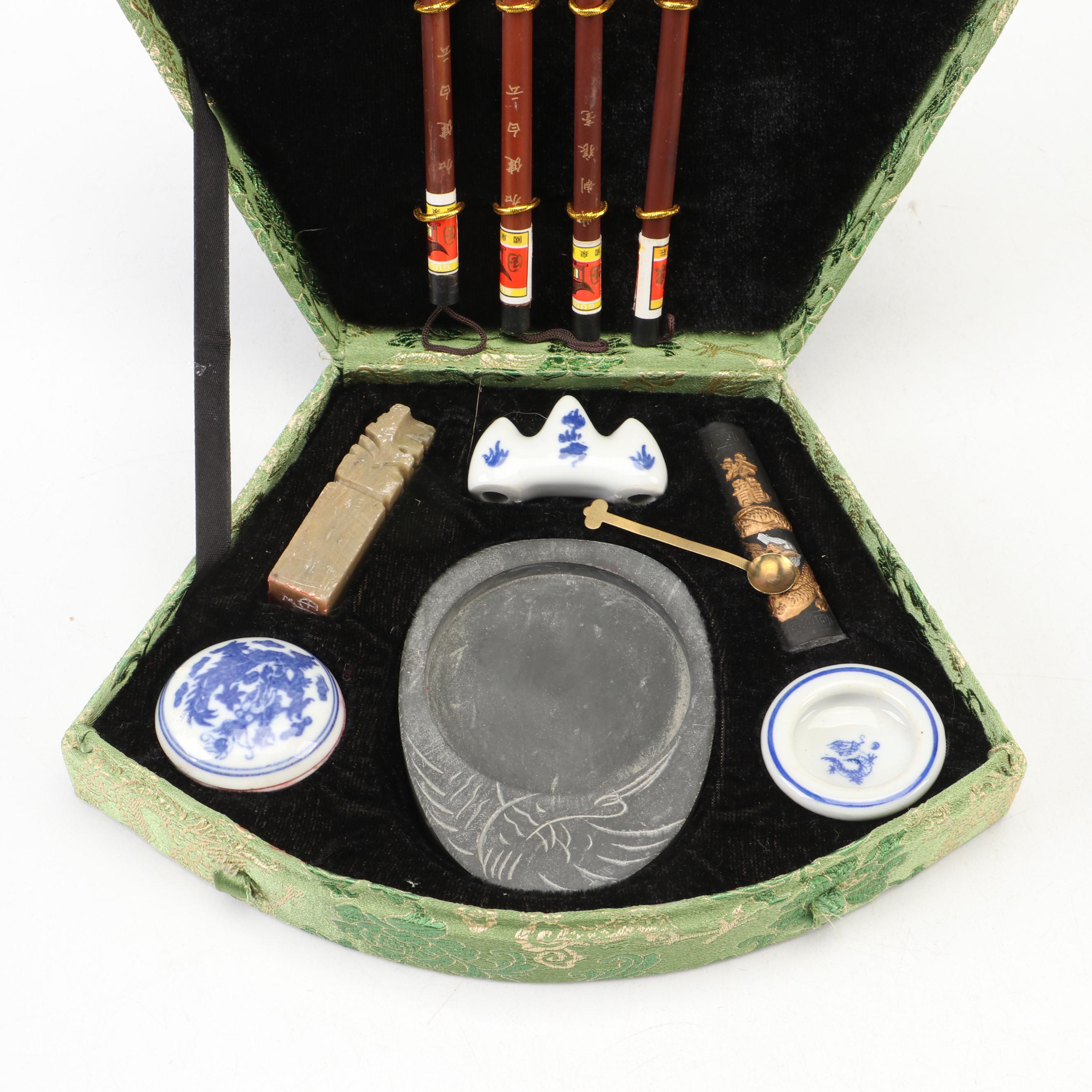 Chinese Calligraphy Set and Wood Writers' Blocks with Indian Brass Ink Pot