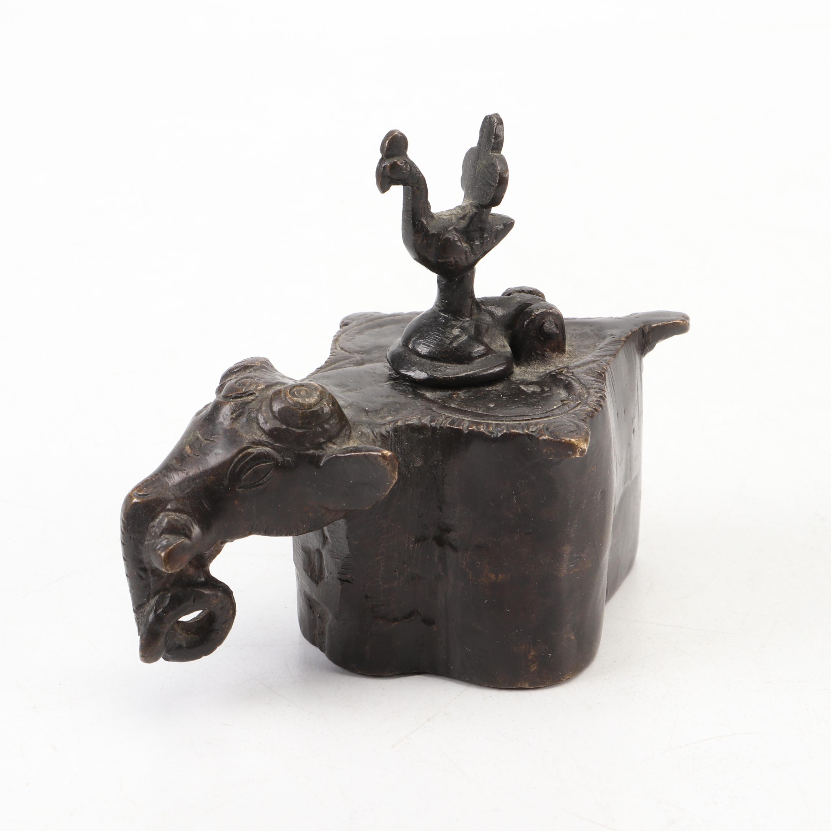 Chinese Calligraphy Set and Wood Writers' Blocks with Indian Brass Ink Pot