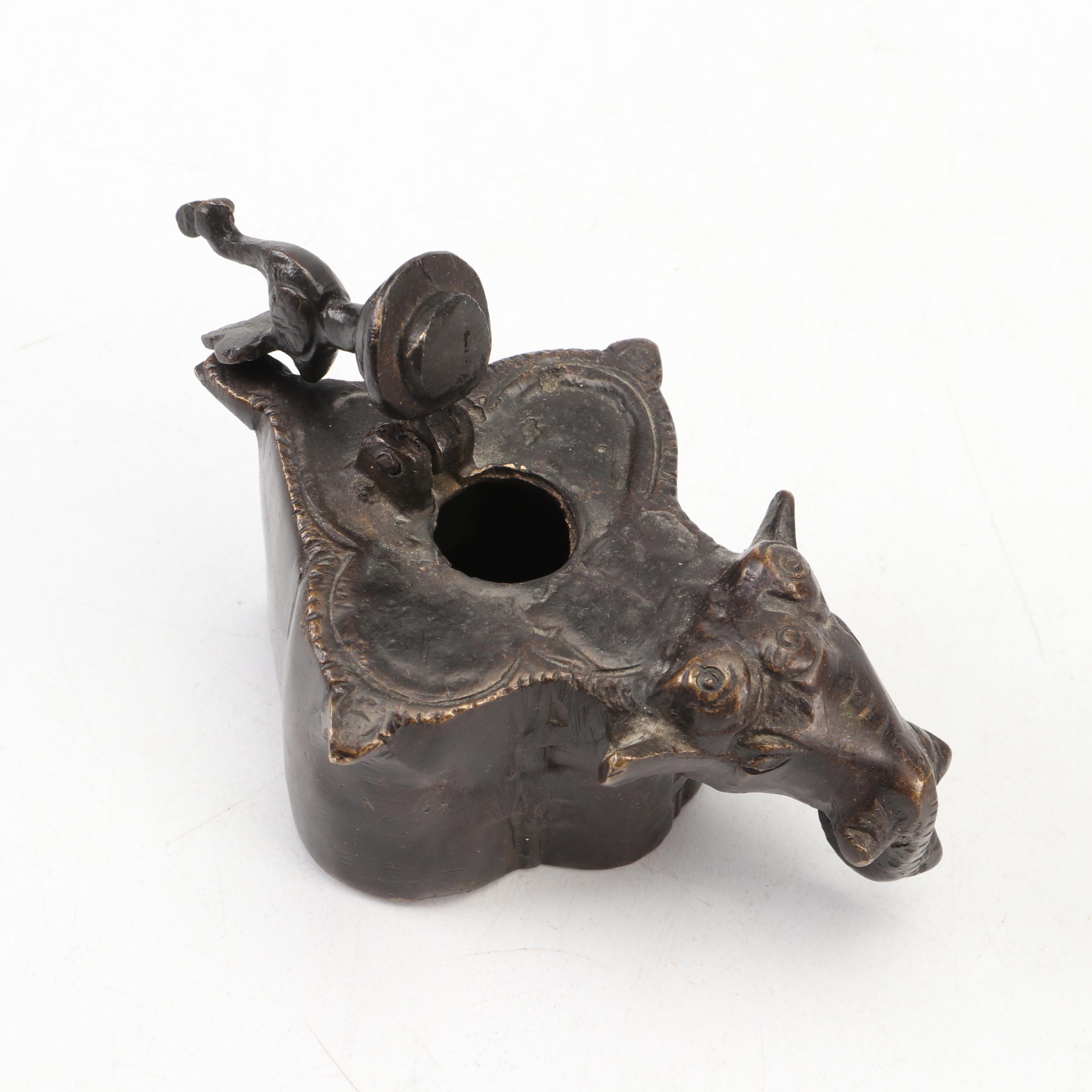 Chinese Calligraphy Set and Wood Writers' Blocks with Indian Brass Ink Pot