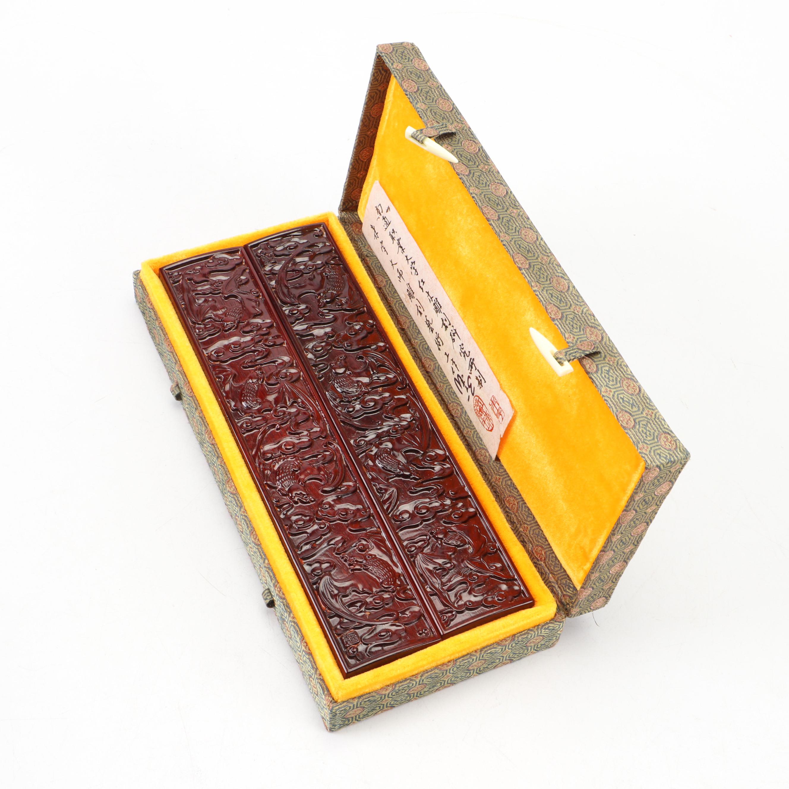 Chinese Calligraphy Set and Wood Writers' Blocks with Indian Brass Ink Pot