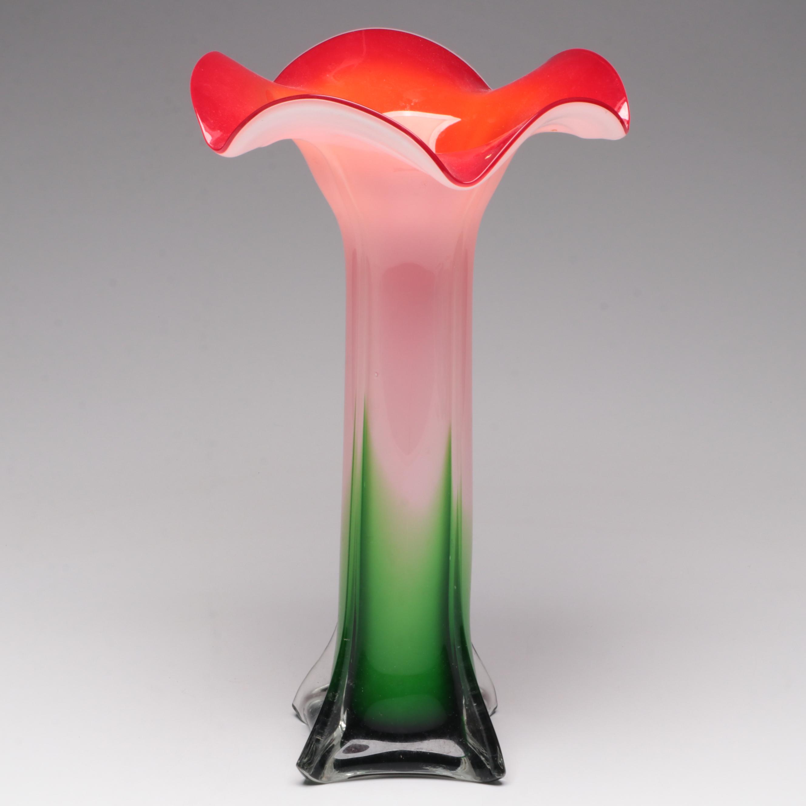 Cased and Optic Mold Blown Flower Form Art Glass Vase
