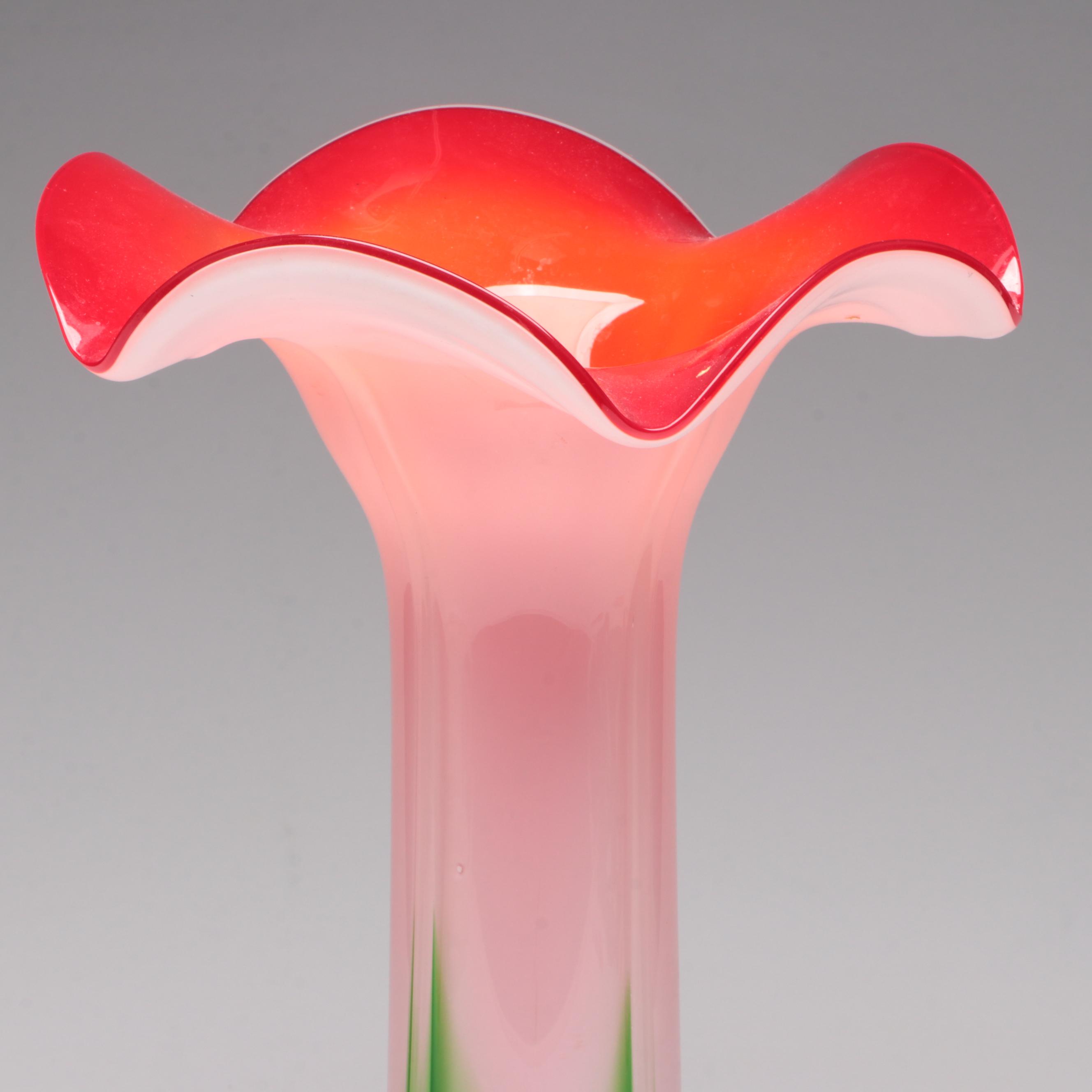 Cased and Optic Mold Blown Flower Form Art Glass Vase