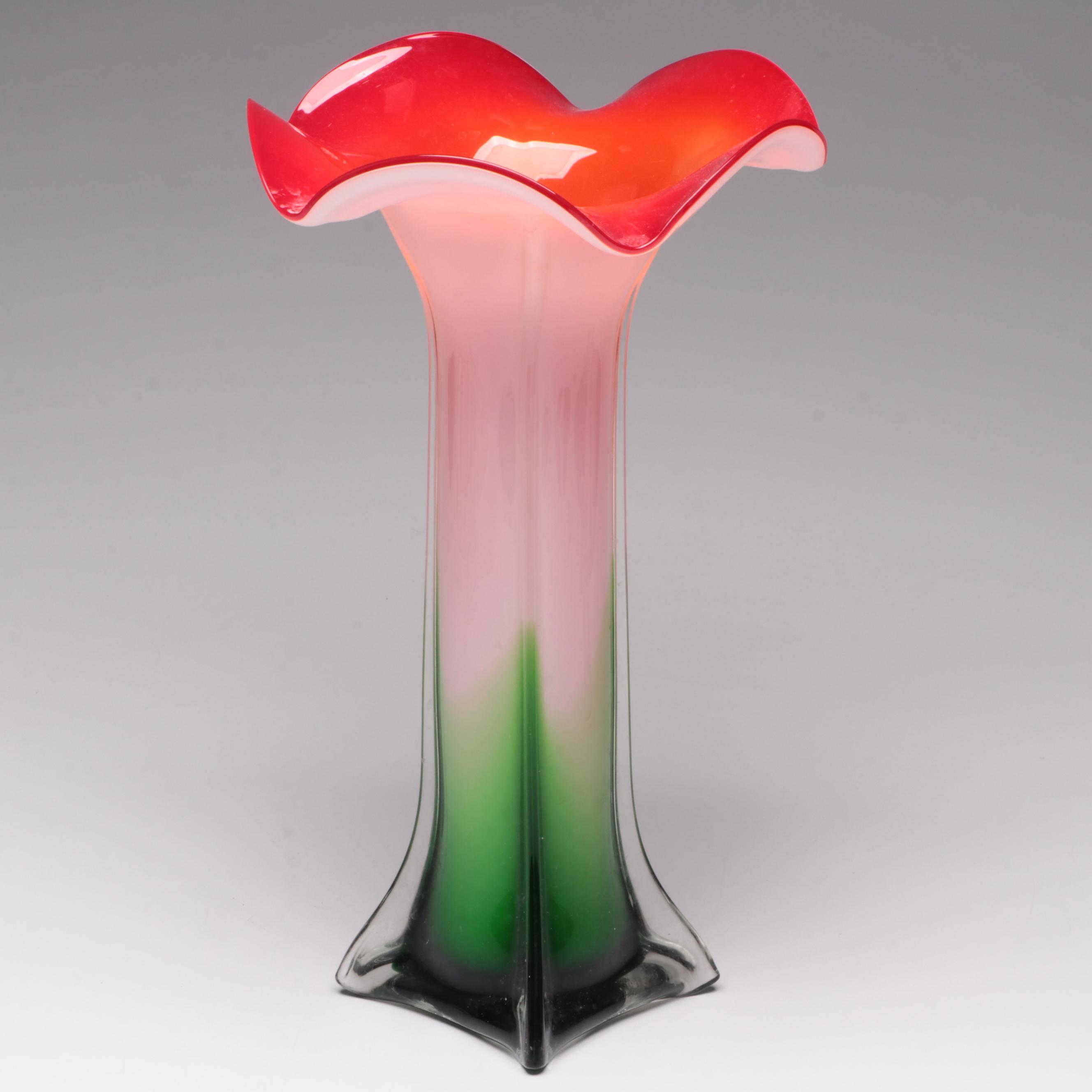 Cased and Optic Mold Blown Flower Form Art Glass Vase