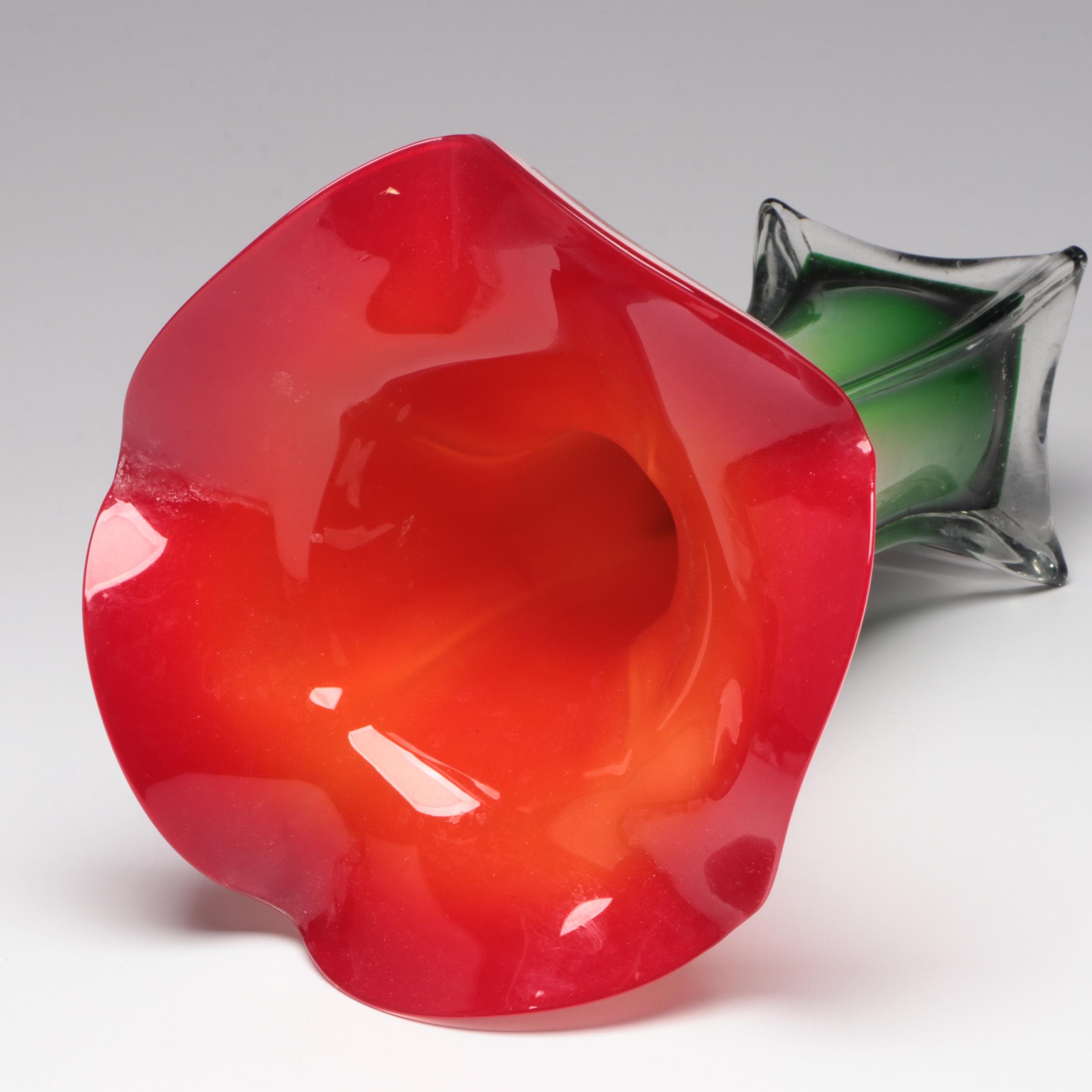 Cased and Optic Mold Blown Flower Form Art Glass Vase