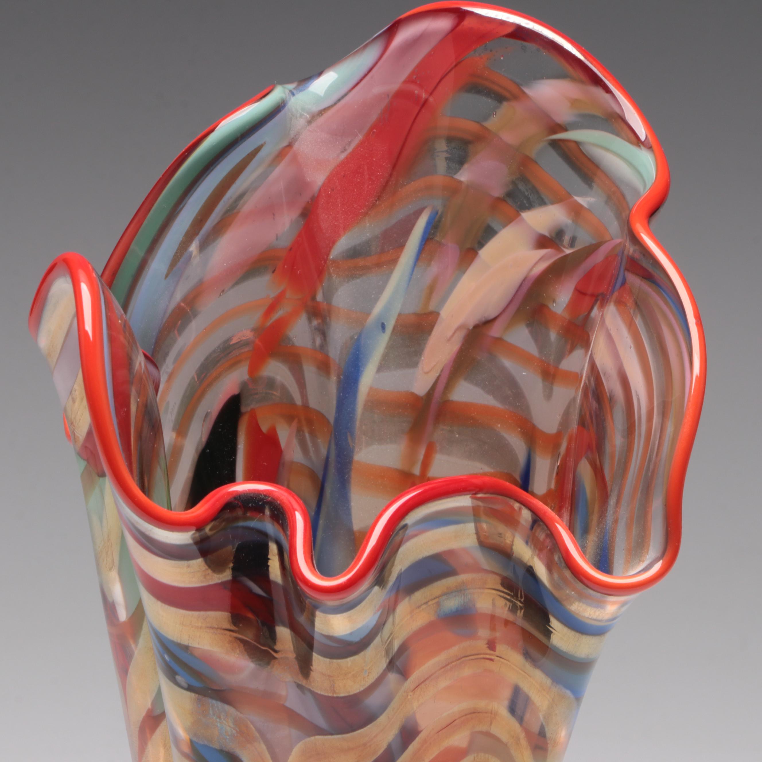 Multicolor Feathered Glass Asymmetrical Ruffled Vase, Late 20th Century