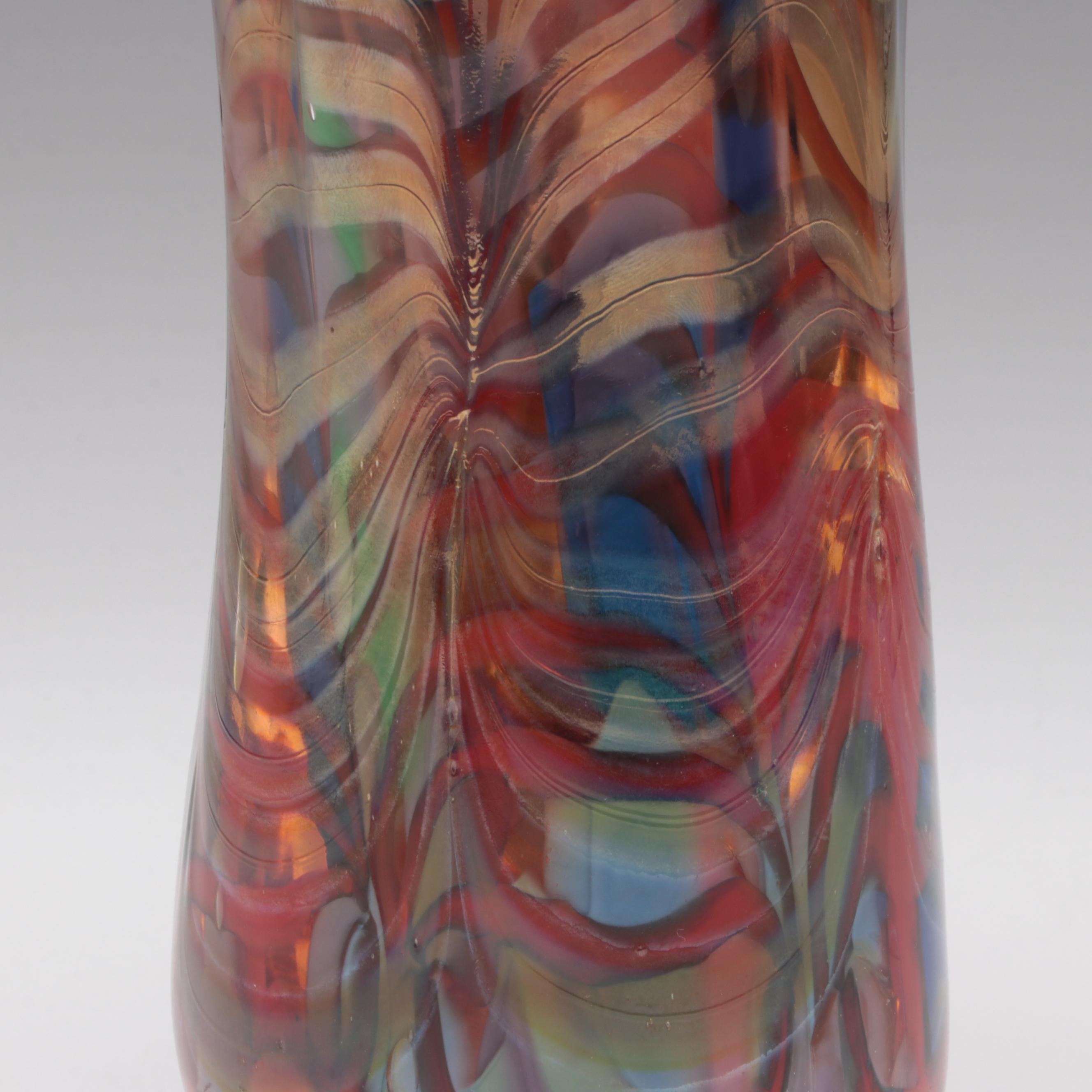 Multicolor Feathered Glass Asymmetrical Ruffled Vase, Late 20th Century