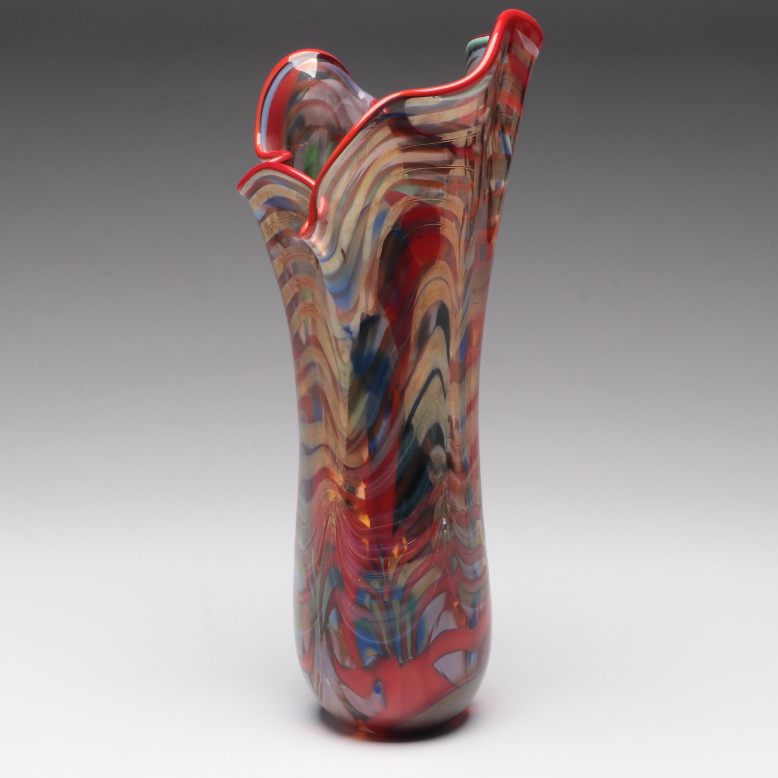 Multicolor Feathered Glass Asymmetrical Ruffled Vase, Late 20th Century