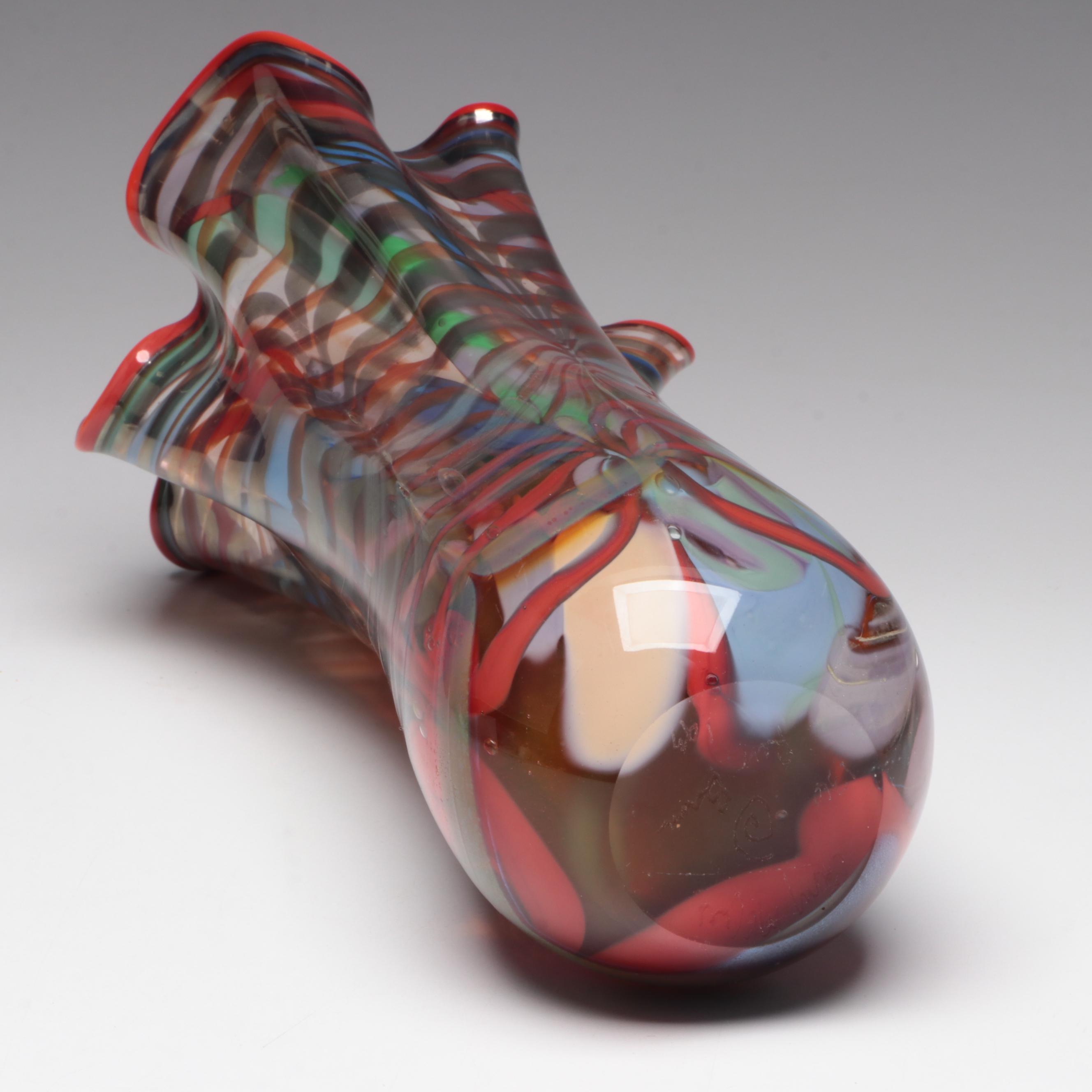 Multicolor Feathered Glass Asymmetrical Ruffled Vase, Late 20th Century