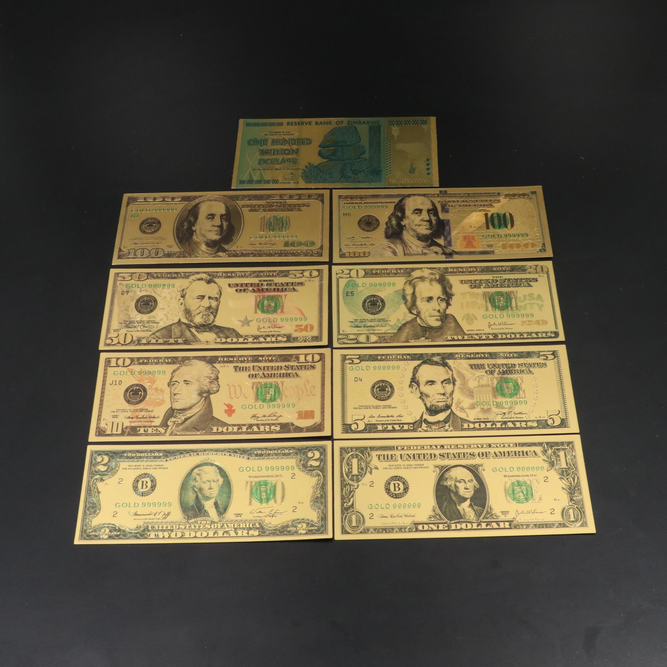 Set of 8 Gold Plated U.S.Fantasy Currency Notes and a Zimbabwe Gold Plated Note