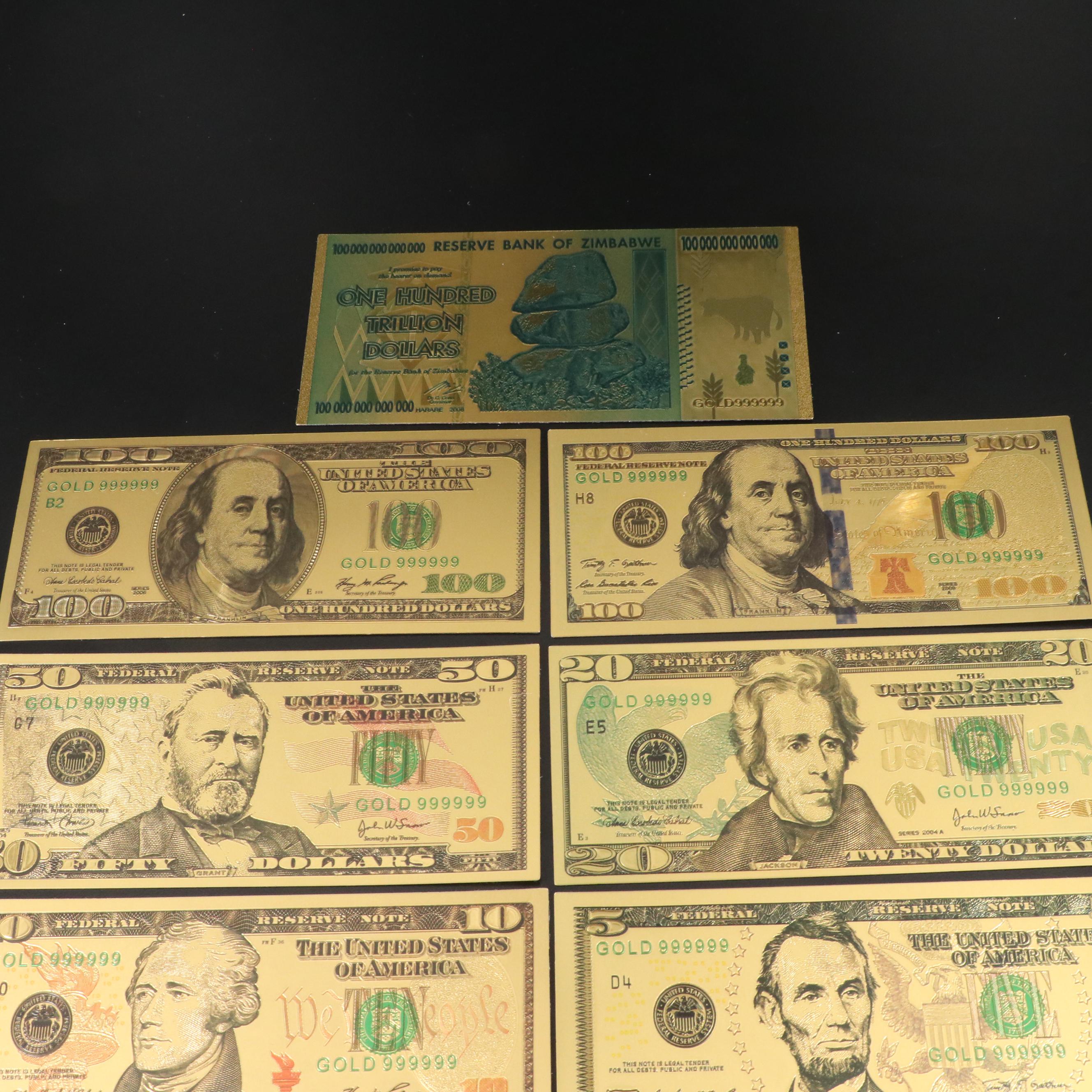 Set of 8 Gold Plated U.S.Fantasy Currency Notes and a Zimbabwe Gold Plated Note