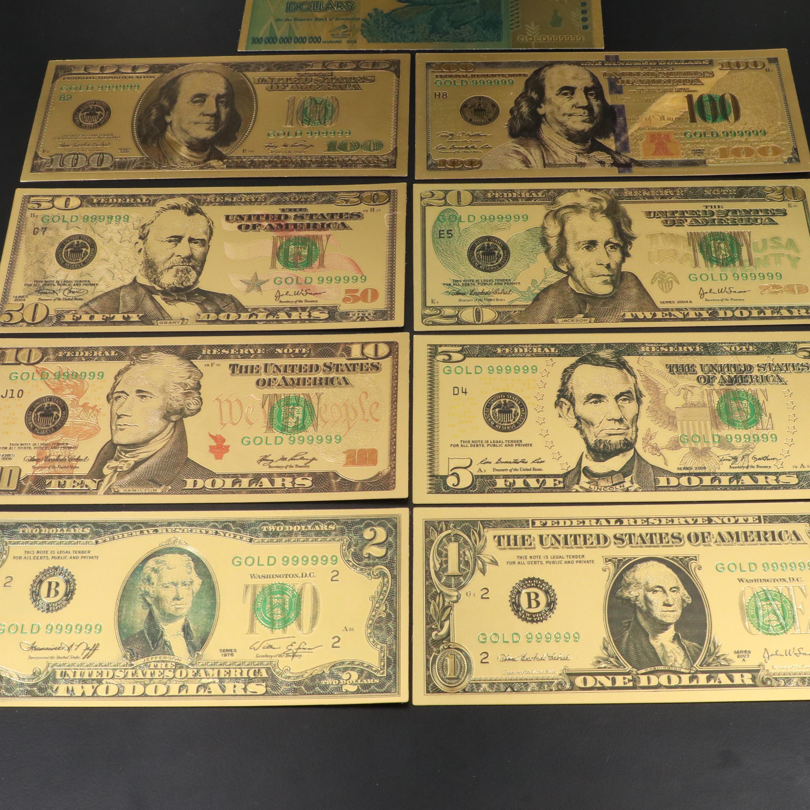 Set of 8 Gold Plated U.S.Fantasy Currency Notes and a Zimbabwe Gold Plated Note