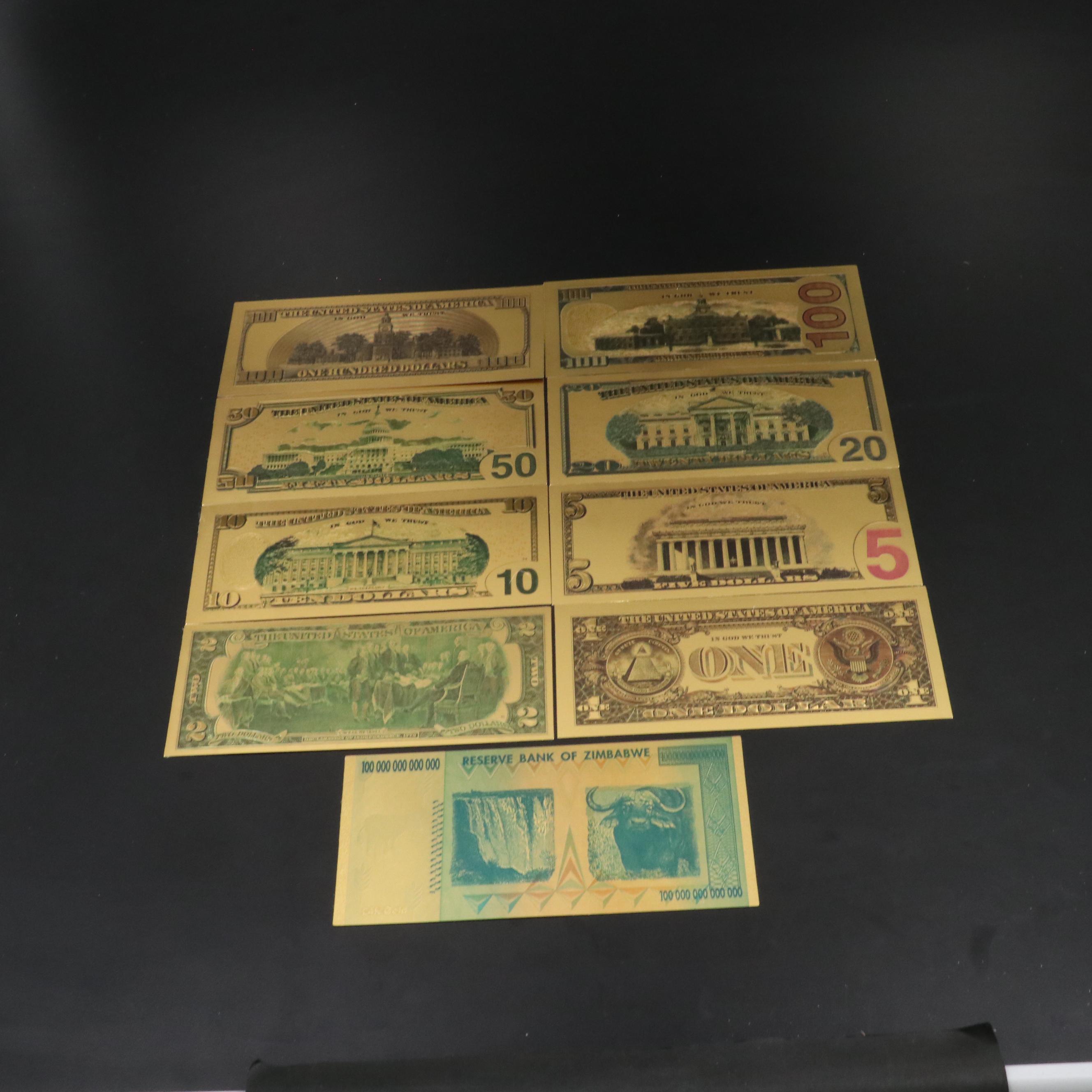 Set of 8 Gold Plated U.S.Fantasy Currency Notes and a Zimbabwe Gold Plated Note