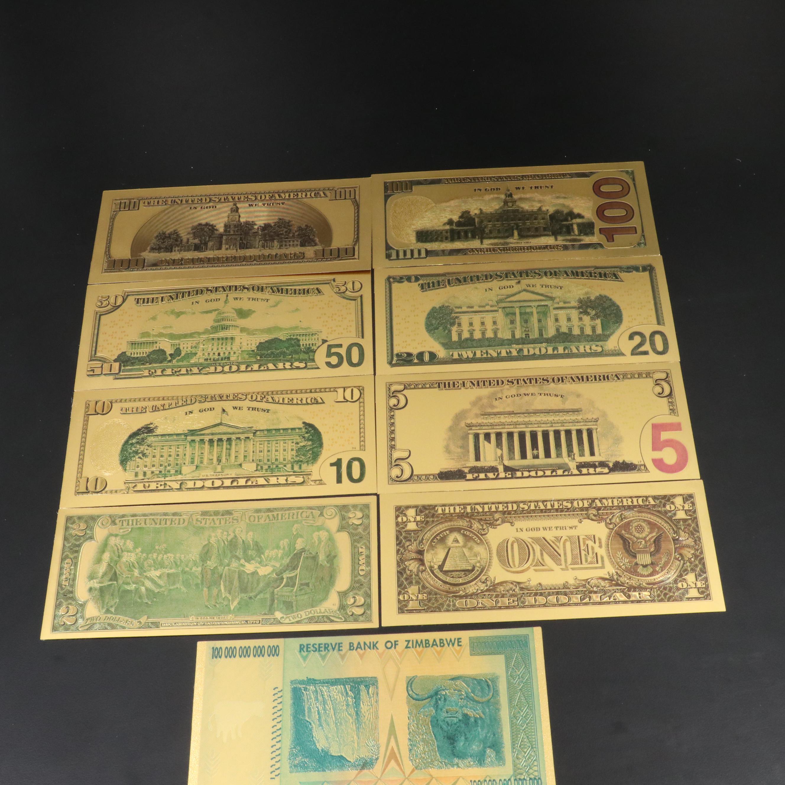 Set of 8 Gold Plated U.S.Fantasy Currency Notes and a Zimbabwe Gold Plated Note