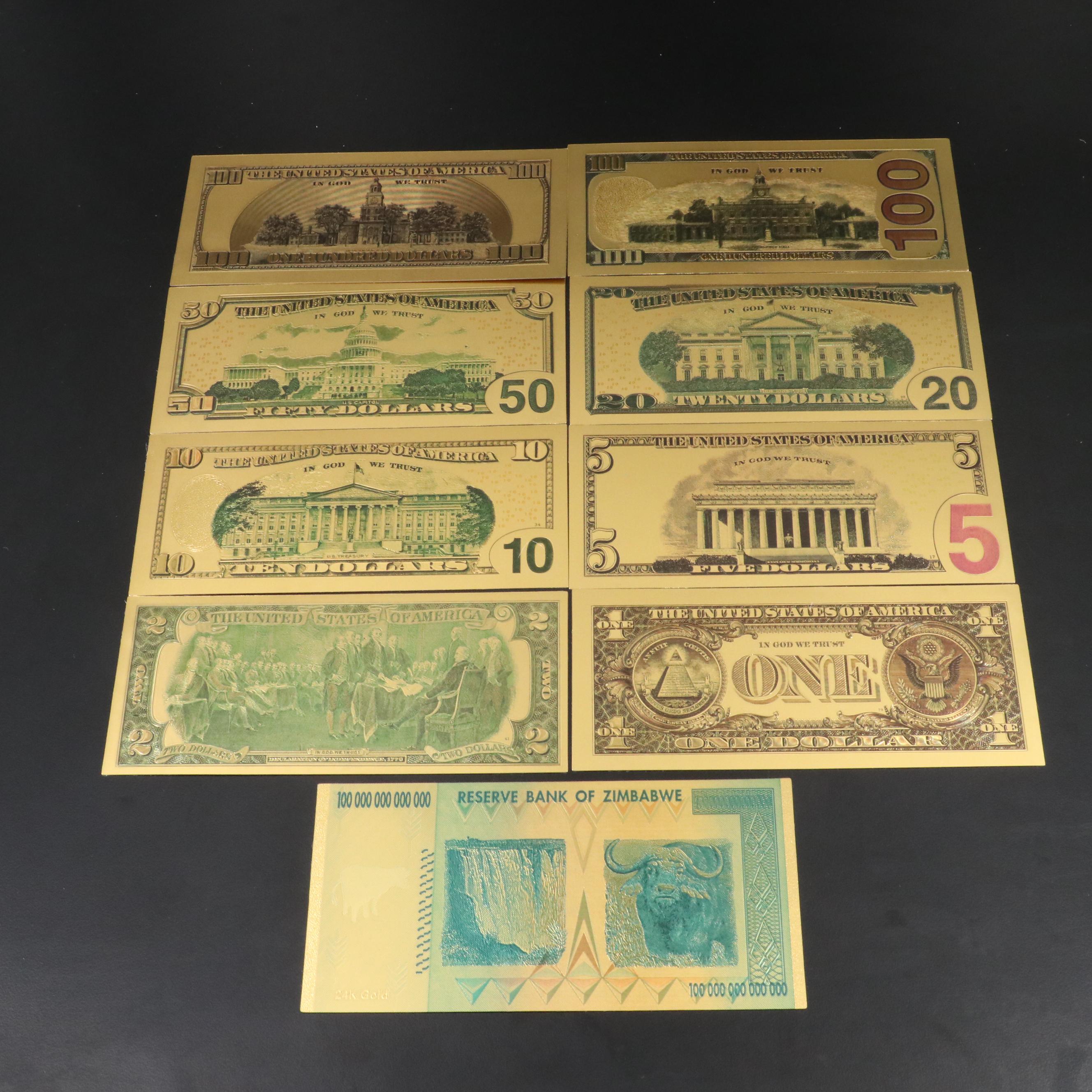 Set of 8 Gold Plated U.S.Fantasy Currency Notes and a Zimbabwe Gold Plated Note