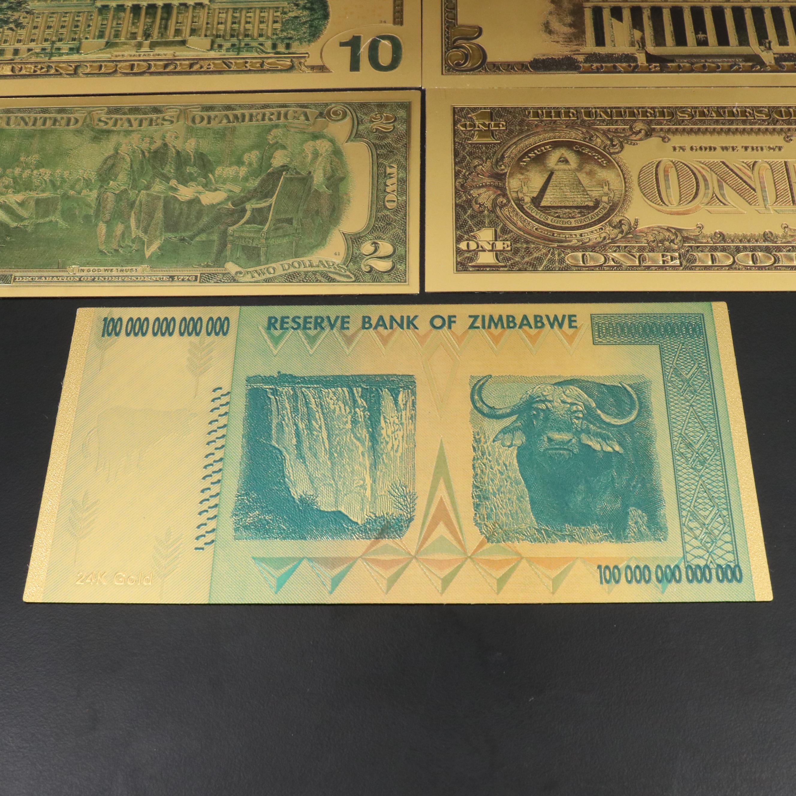 Set of 8 Gold Plated U.S.Fantasy Currency Notes and a Zimbabwe Gold Plated Note