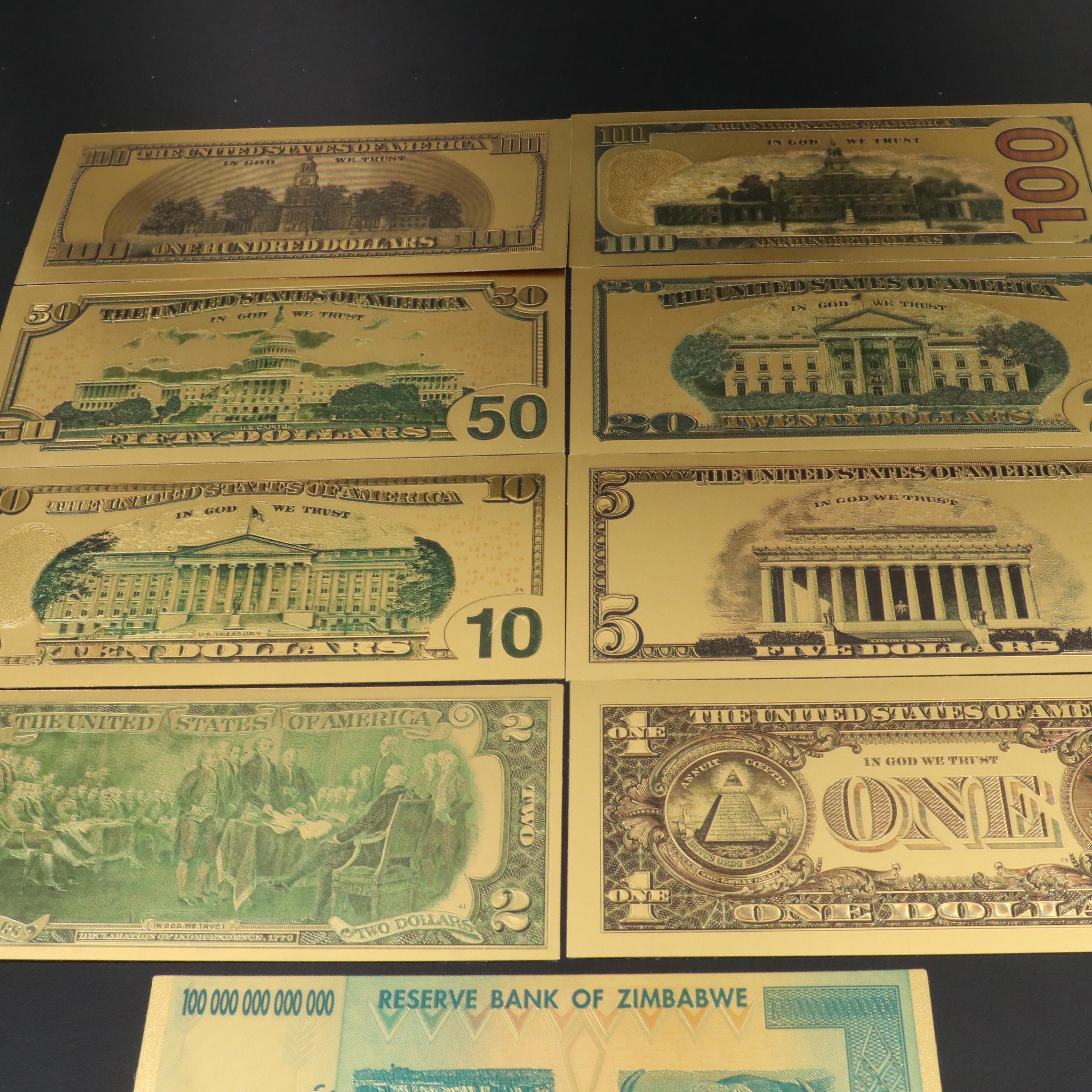 Set of 8 Gold Plated U.S.Fantasy Currency Notes and a Zimbabwe Gold Plated Note