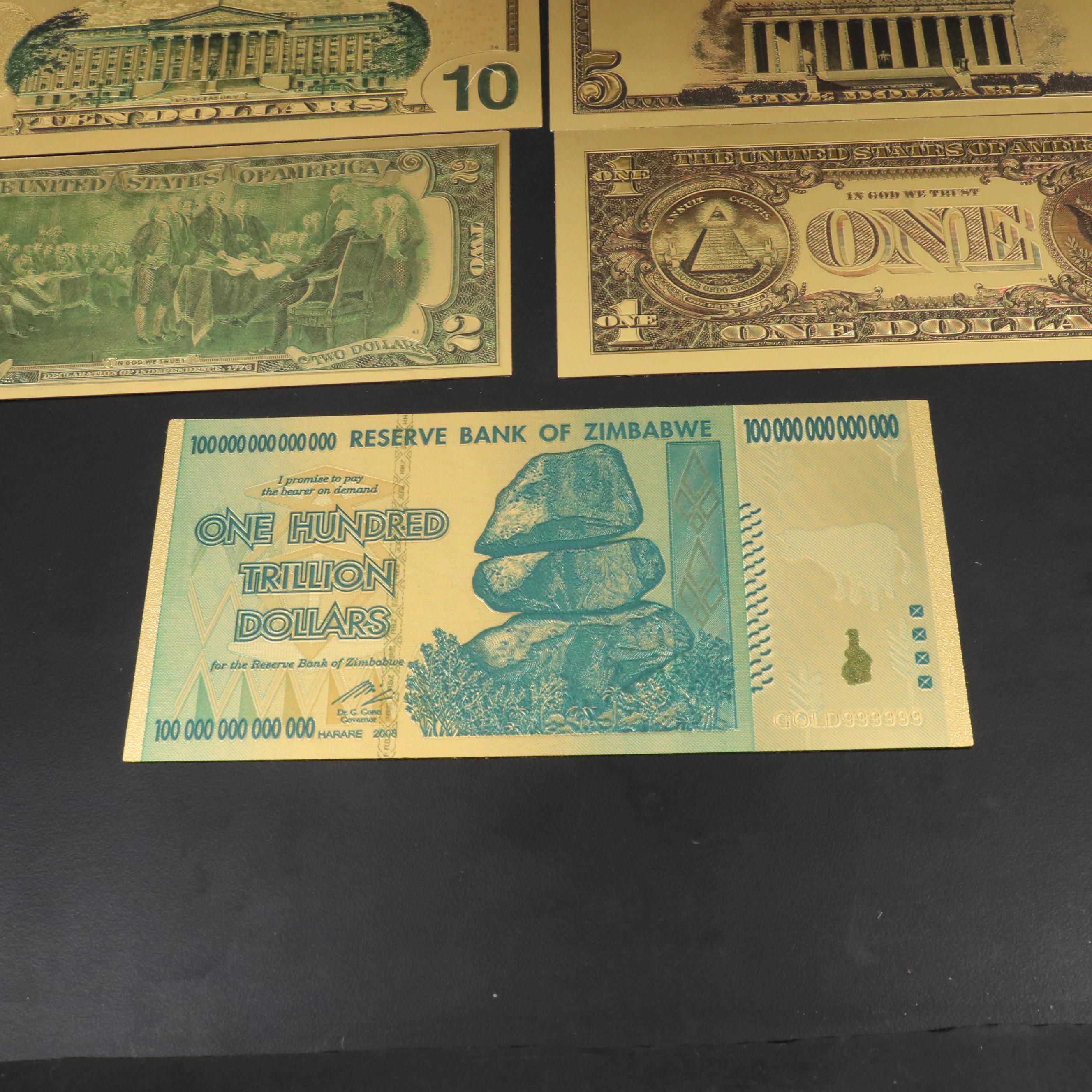 Set of 8 Gold Plated U.S.Fantasy Currency Notes and a Zimbabwe Gold Plated Note