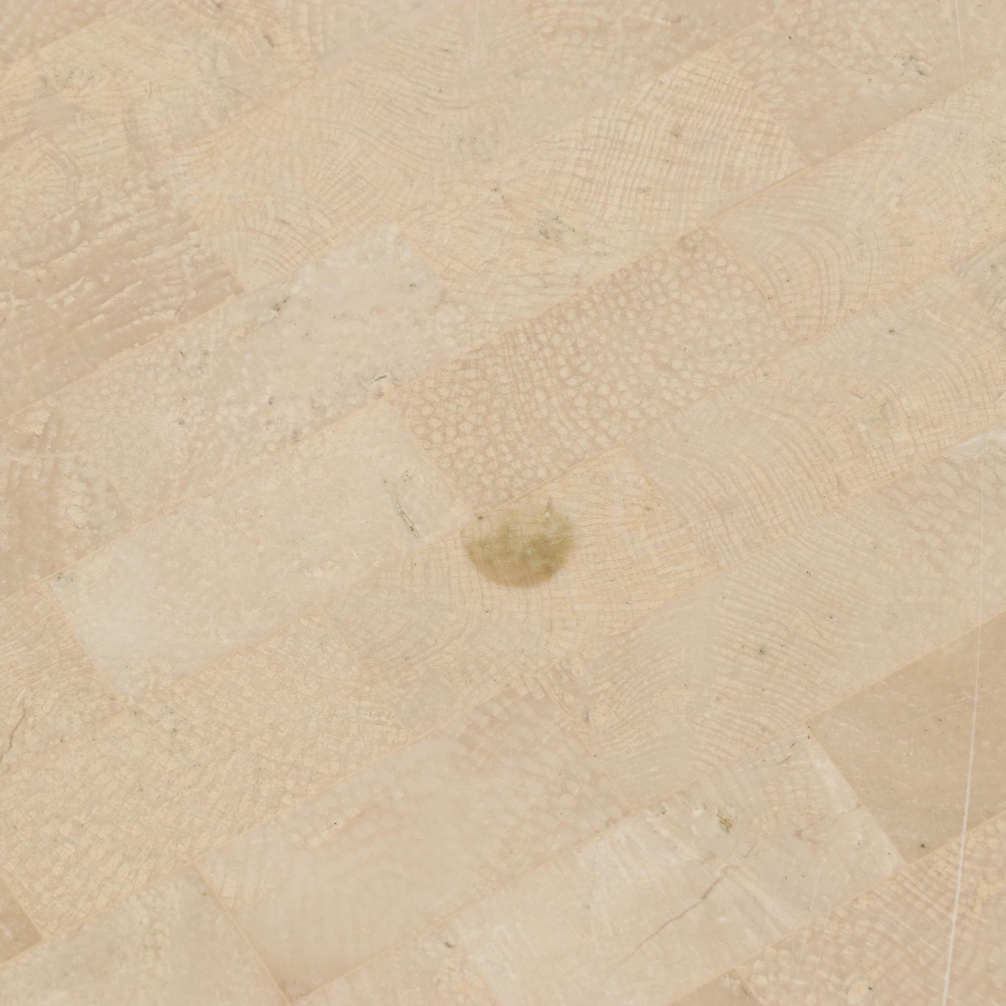 Brass-Inlaid and Tesellated Travertine Sofa Table and Side Table
