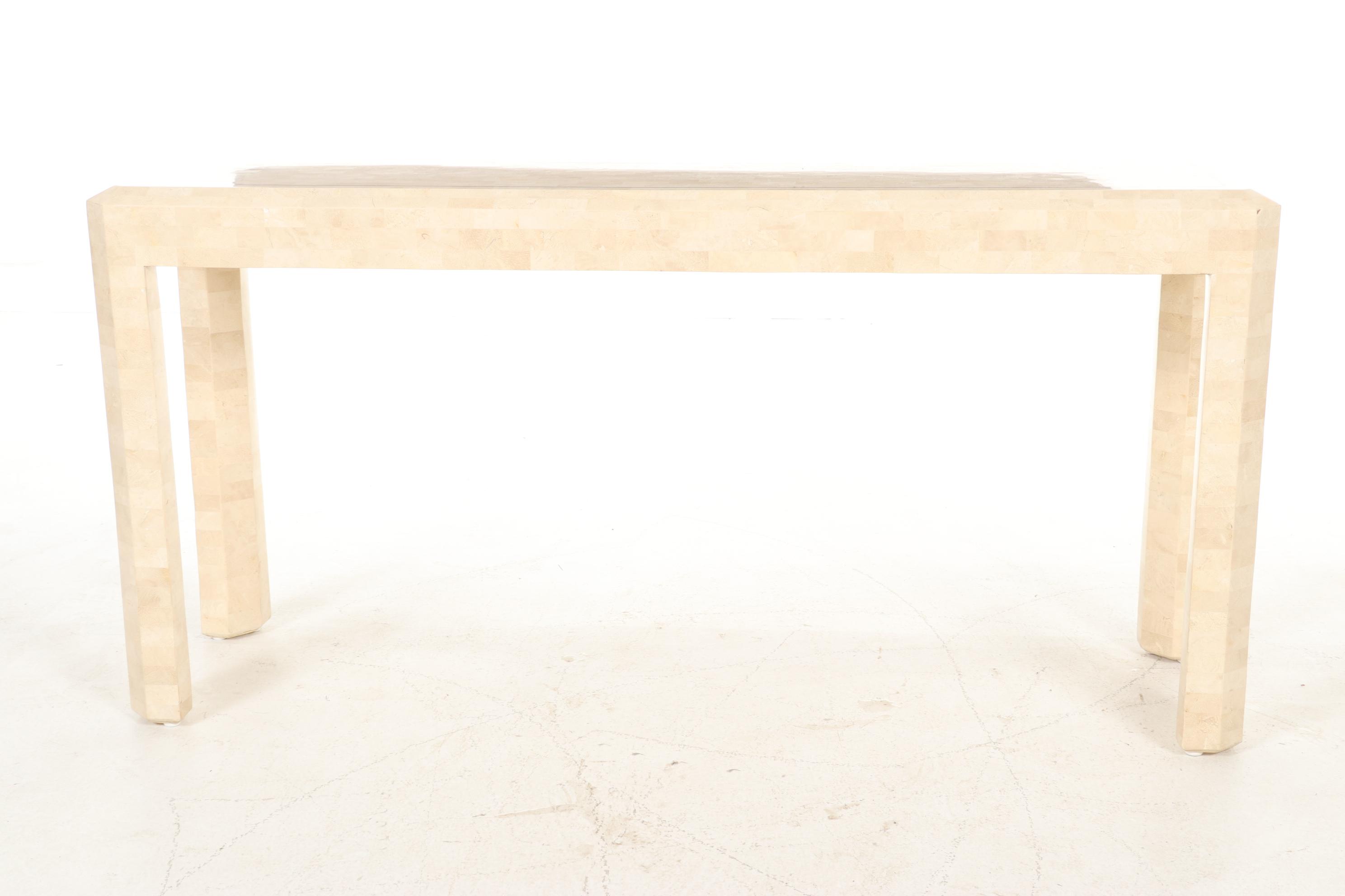 Brass-Inlaid and Tesellated Travertine Sofa Table and Side Table