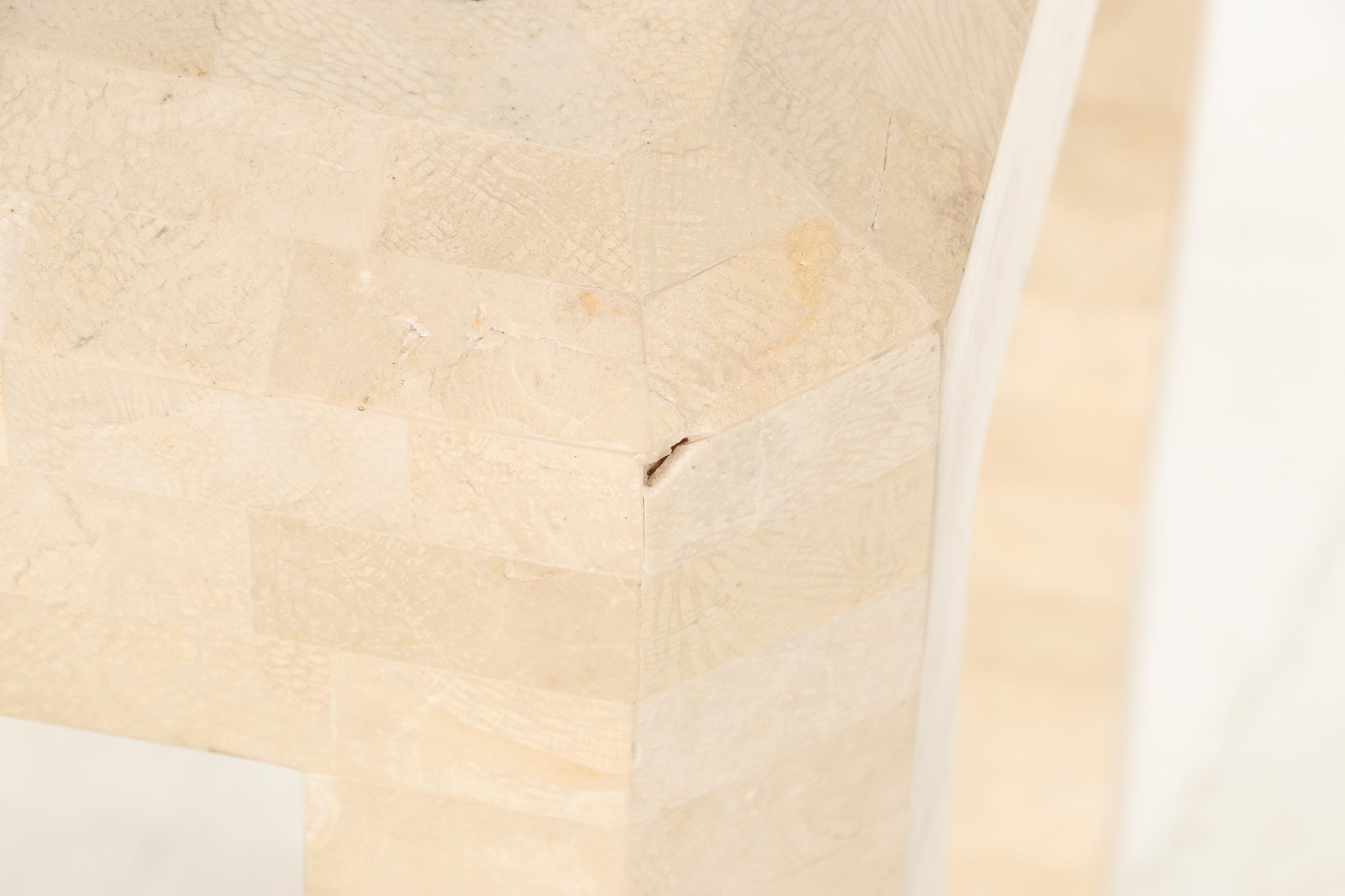 Brass-Inlaid and Tesellated Travertine Sofa Table and Side Table
