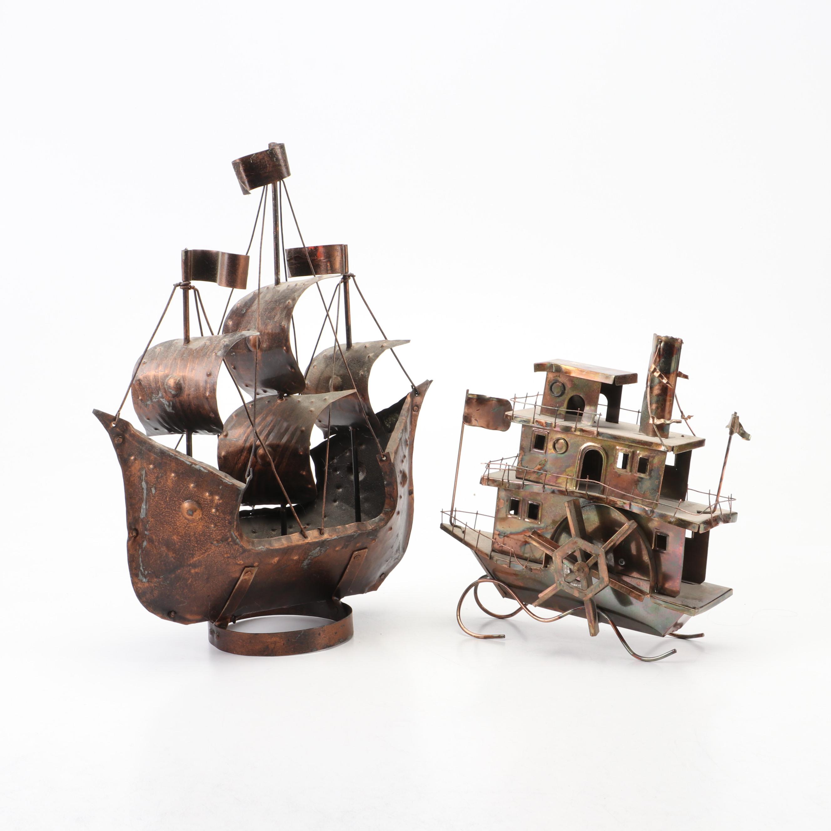Copper Paddle Boat Music Box and Toned Metal Galleon