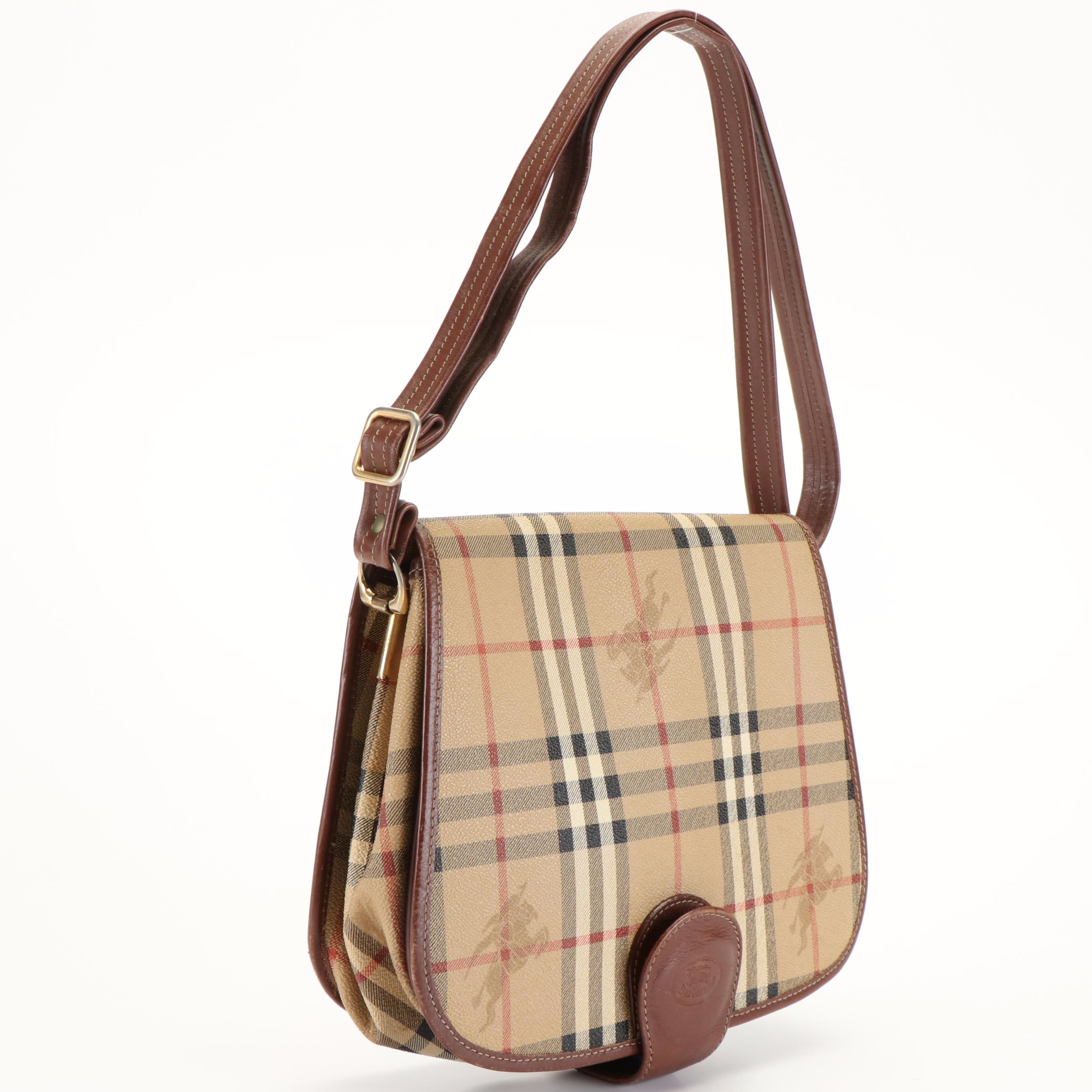 Burberrys Front Flap Crossbody Bag in Haymarket Check Canvas and Brown