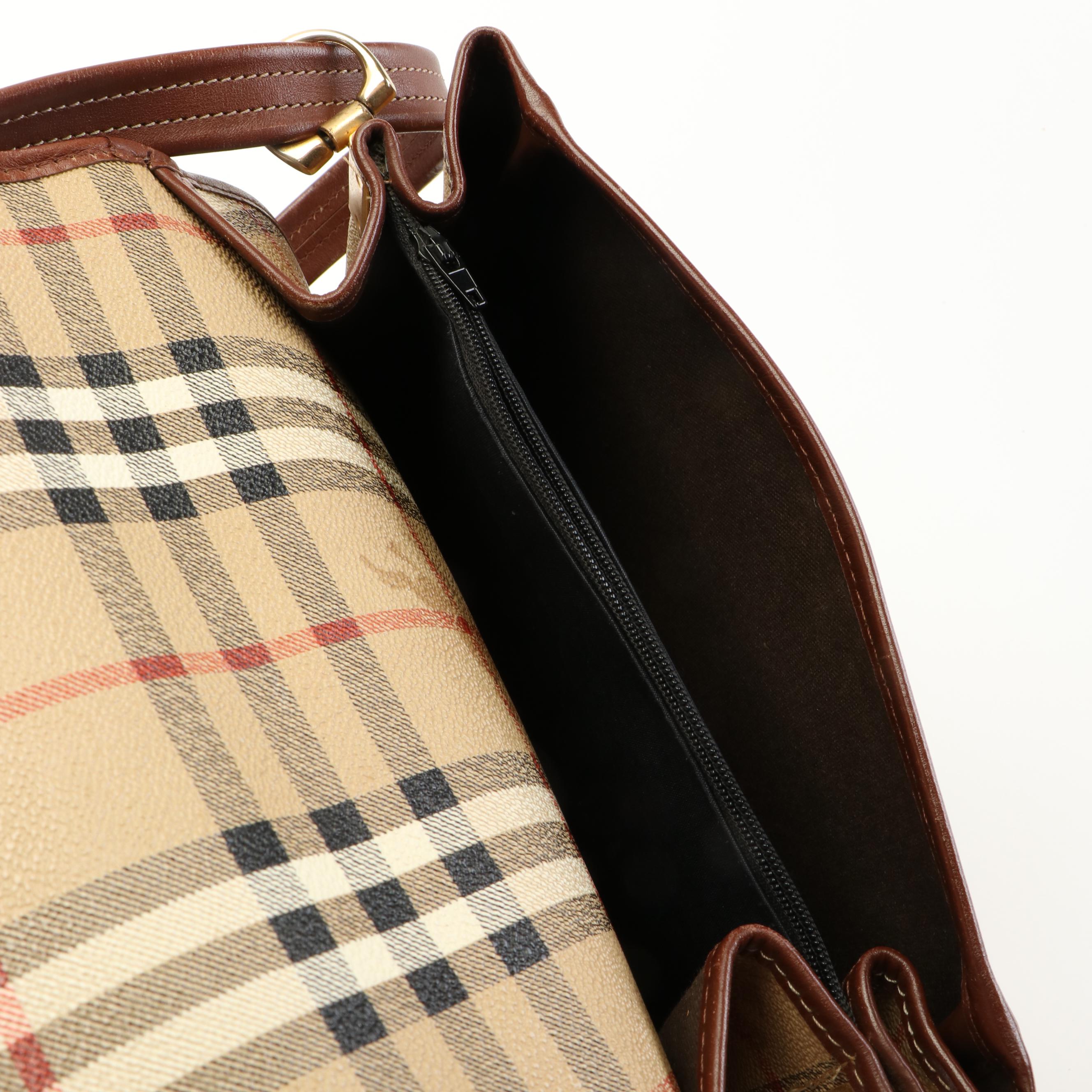 Burberrys Front Flap Crossbody Bag in Haymarket Check Canvas and Brown