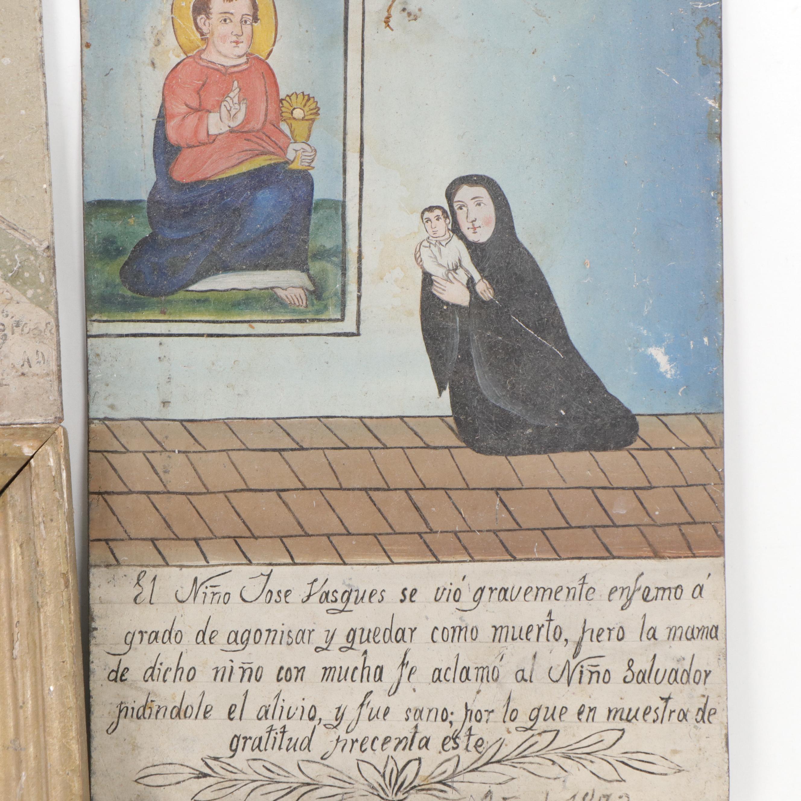 Mexican Ex-Voto Paintings, Retablo and Reverse Painting on Glass, 19th Century
