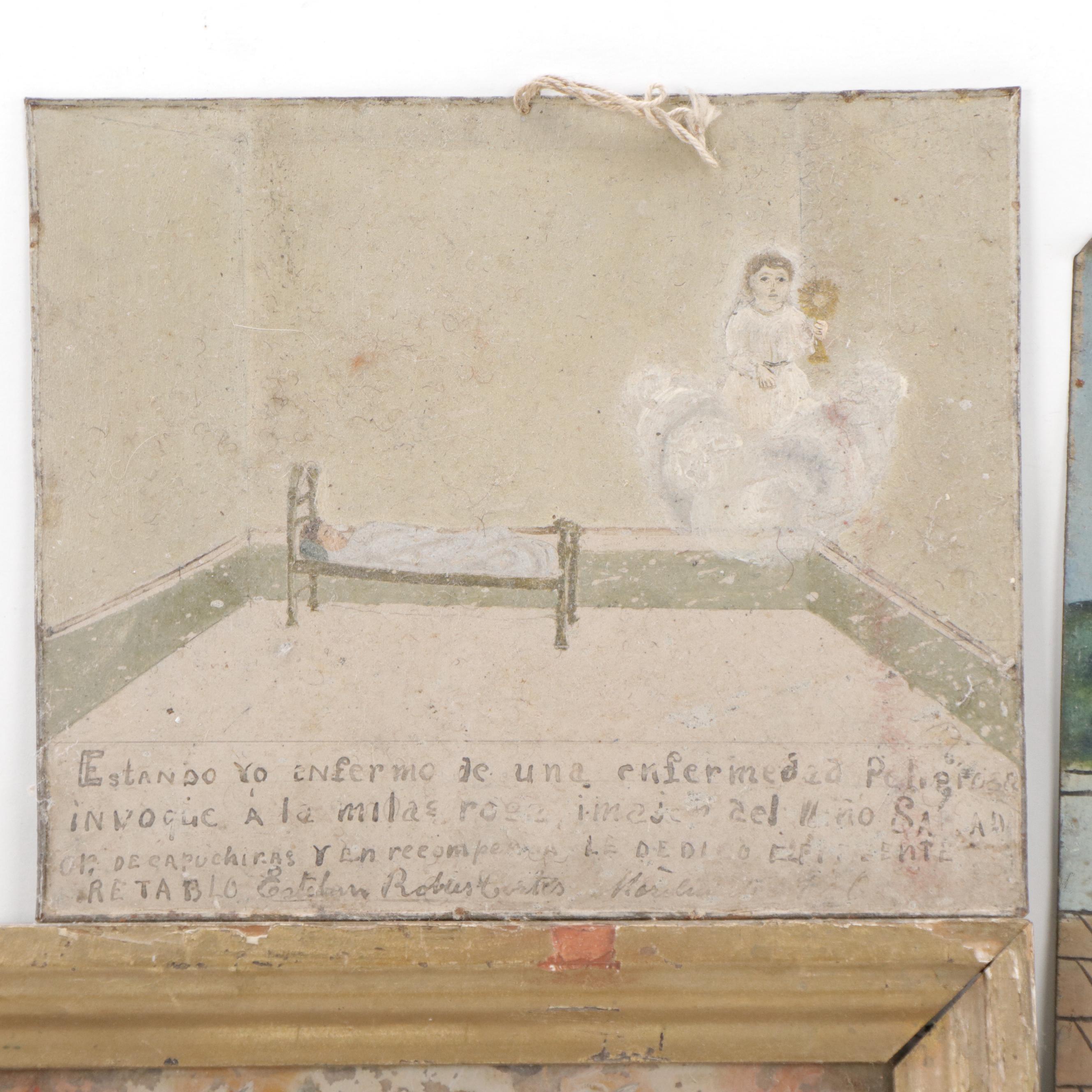 Mexican Ex-Voto Paintings, Retablo and Reverse Painting on Glass, 19th Century