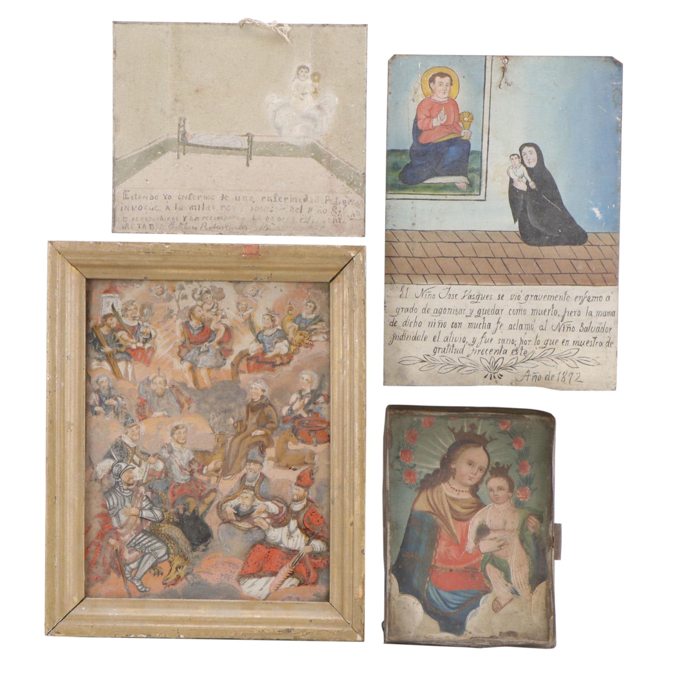 Mexican Ex-Voto Paintings, Retablo and Reverse Painting on Glass, 19th Century