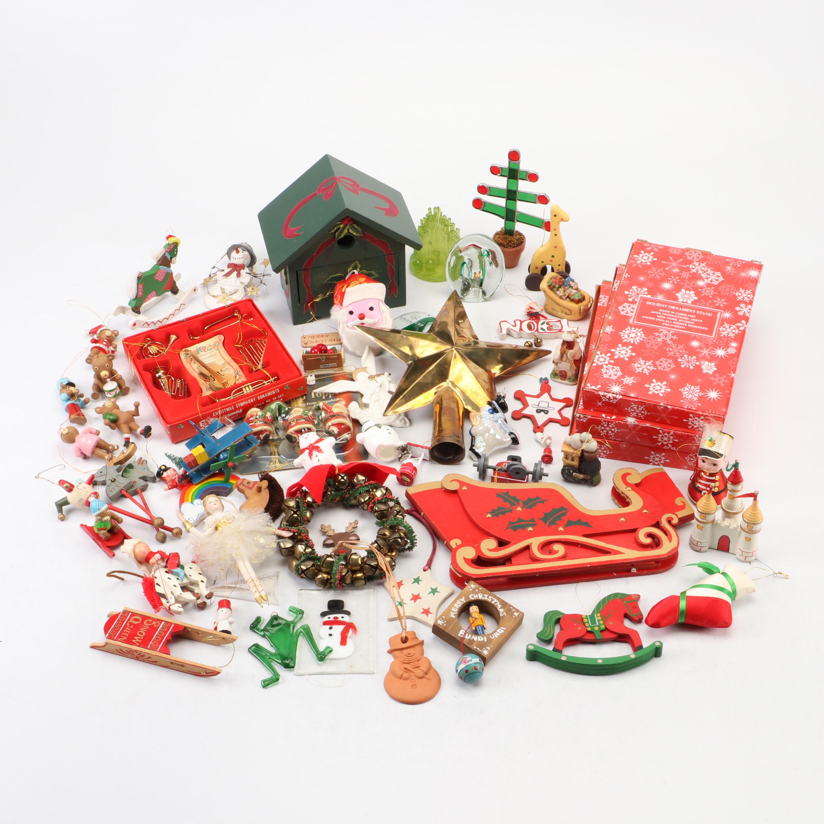 Metal Star Tree Topper with Wood and Other Christmas Ornaments and Décor