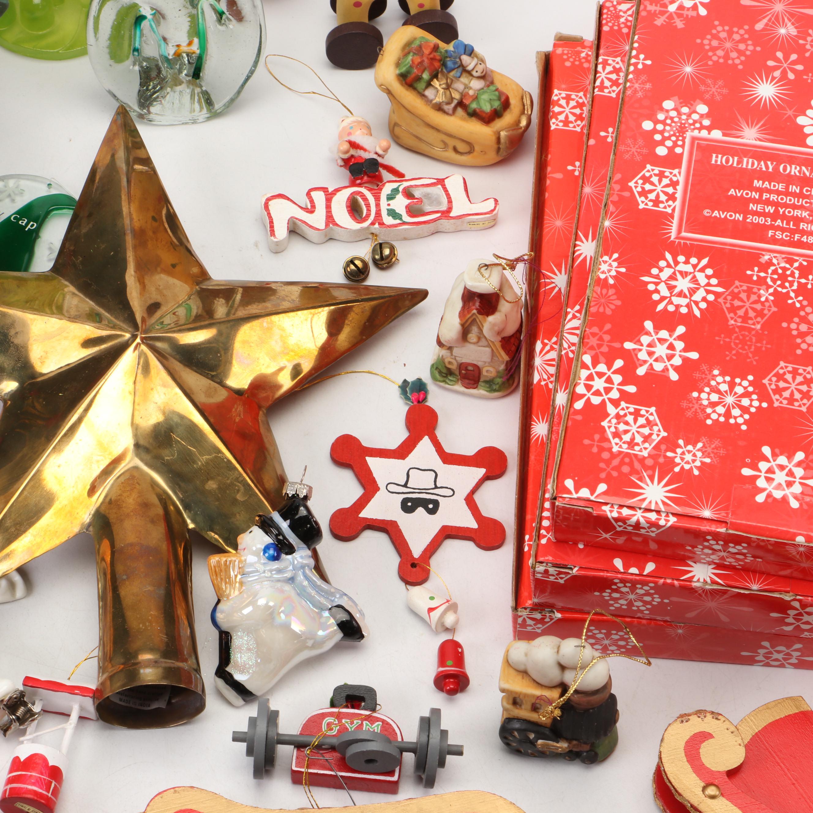 Metal Star Tree Topper with Wood and Other Christmas Ornaments and Décor