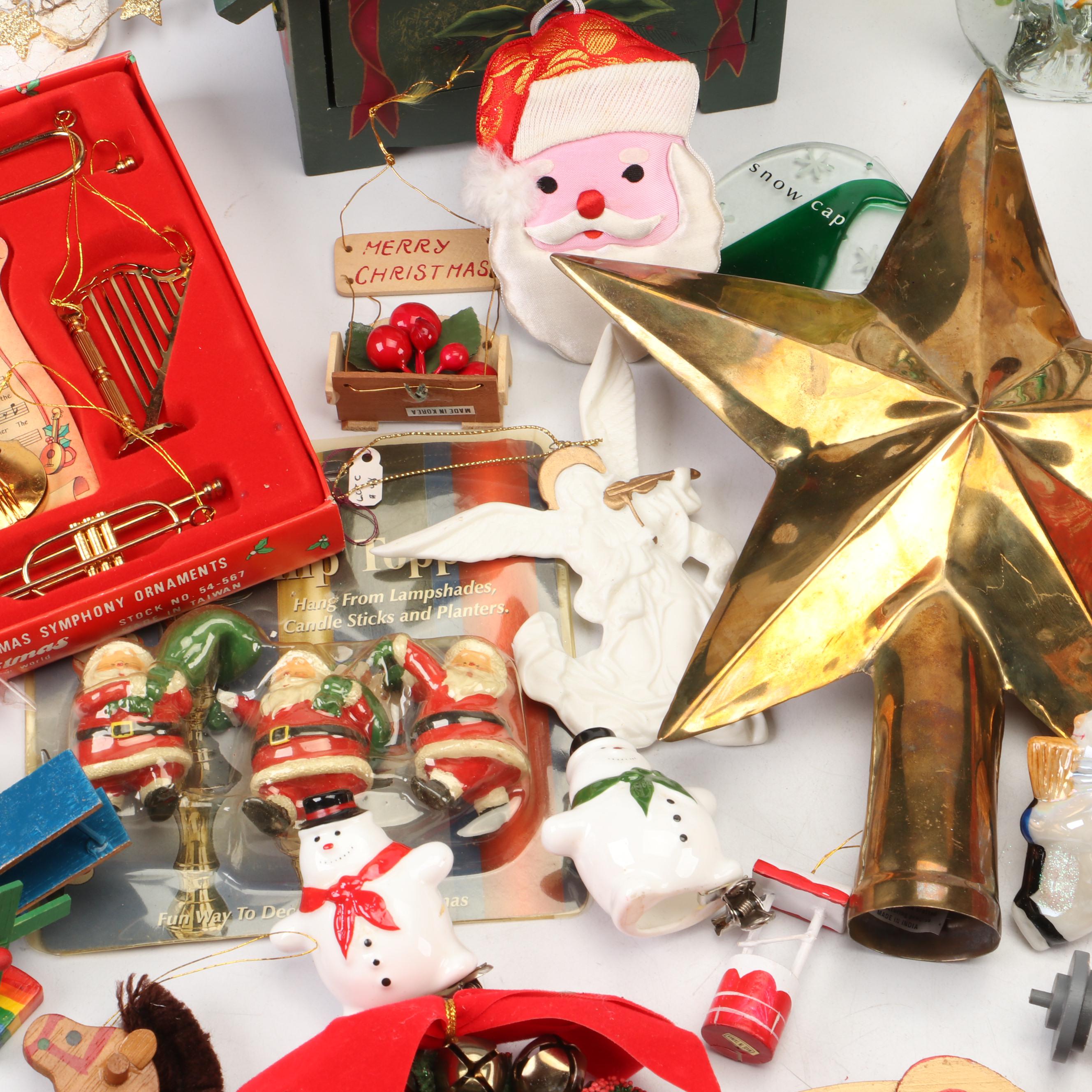 Metal Star Tree Topper with Wood and Other Christmas Ornaments and Décor