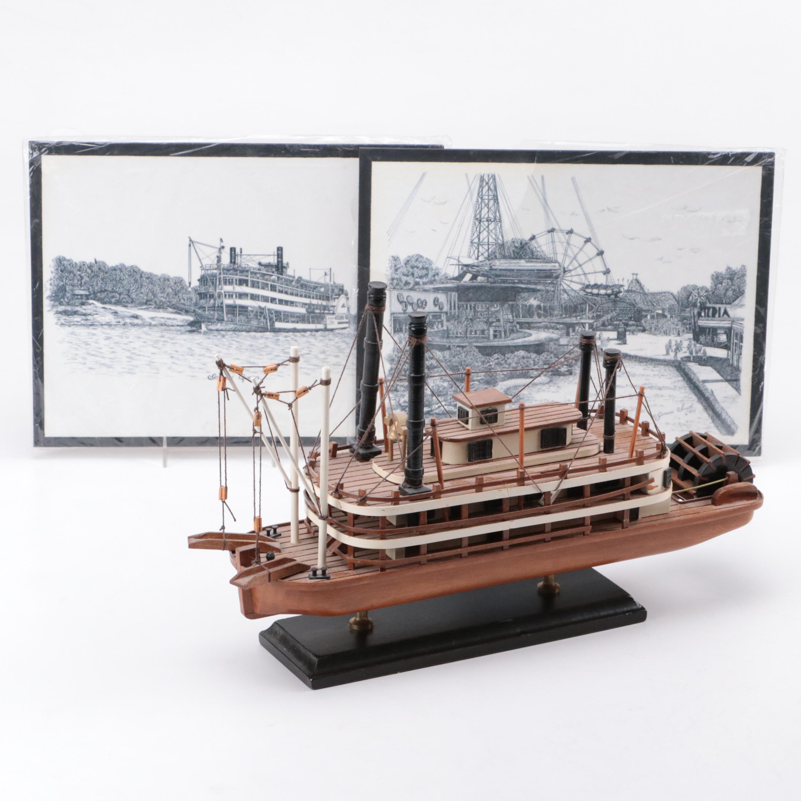 Wooden Steamboat Model with Coney Island Prints