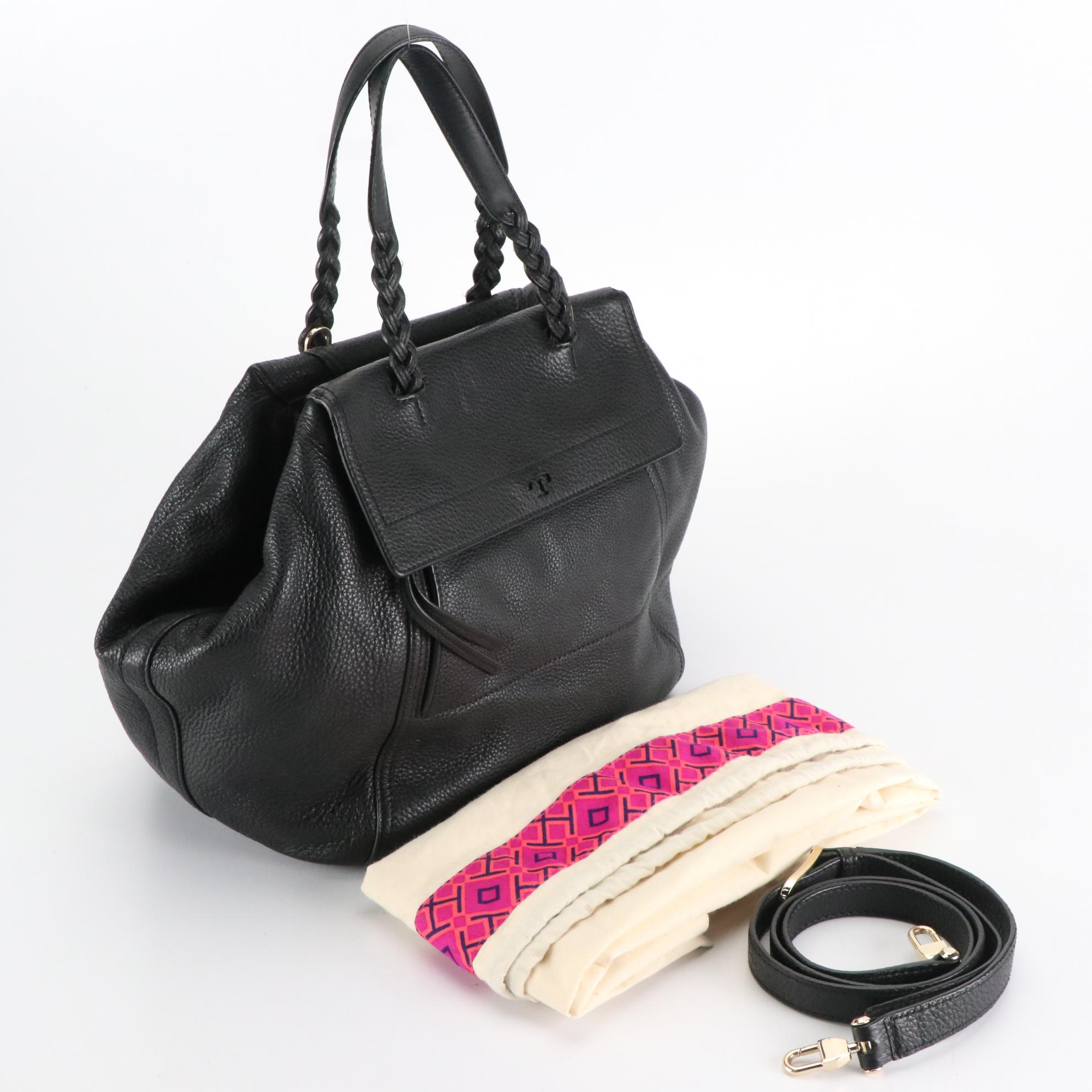 Tory Burch Half Moon Satchel in Black Grained Leather