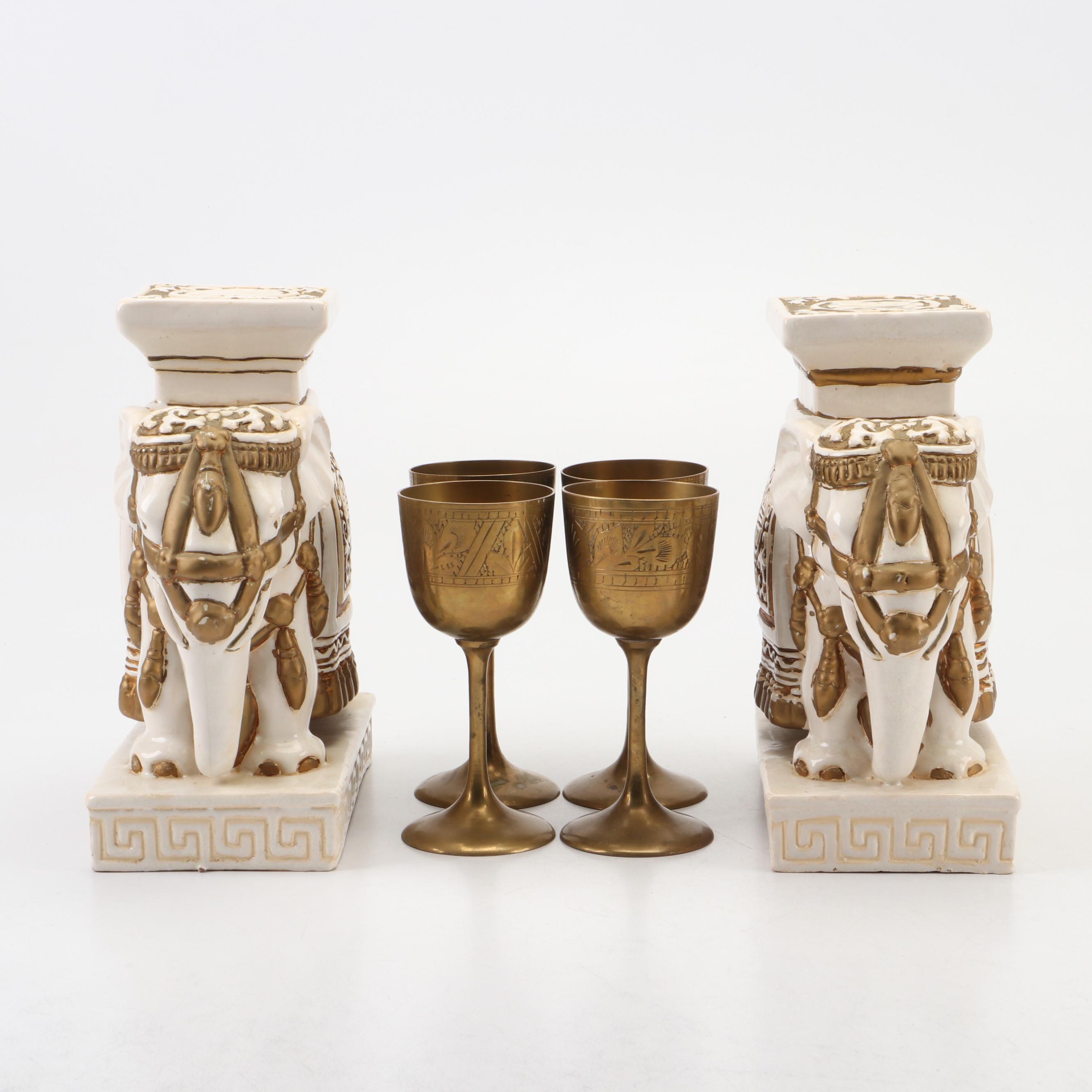 Pair of Ceramic Elephant Statues with Etched Brass Goblets