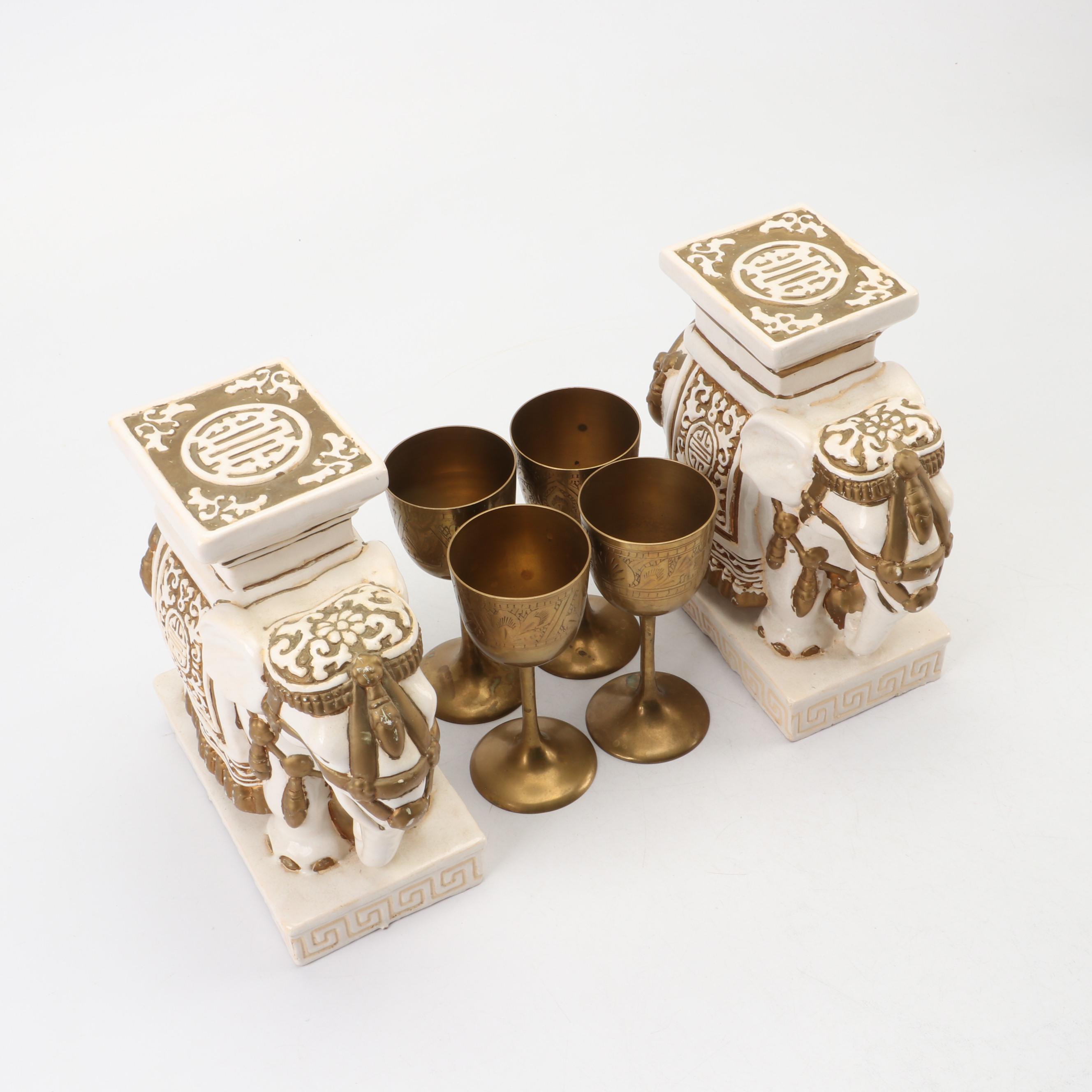 Pair of Ceramic Elephant Statues with Etched Brass Goblets