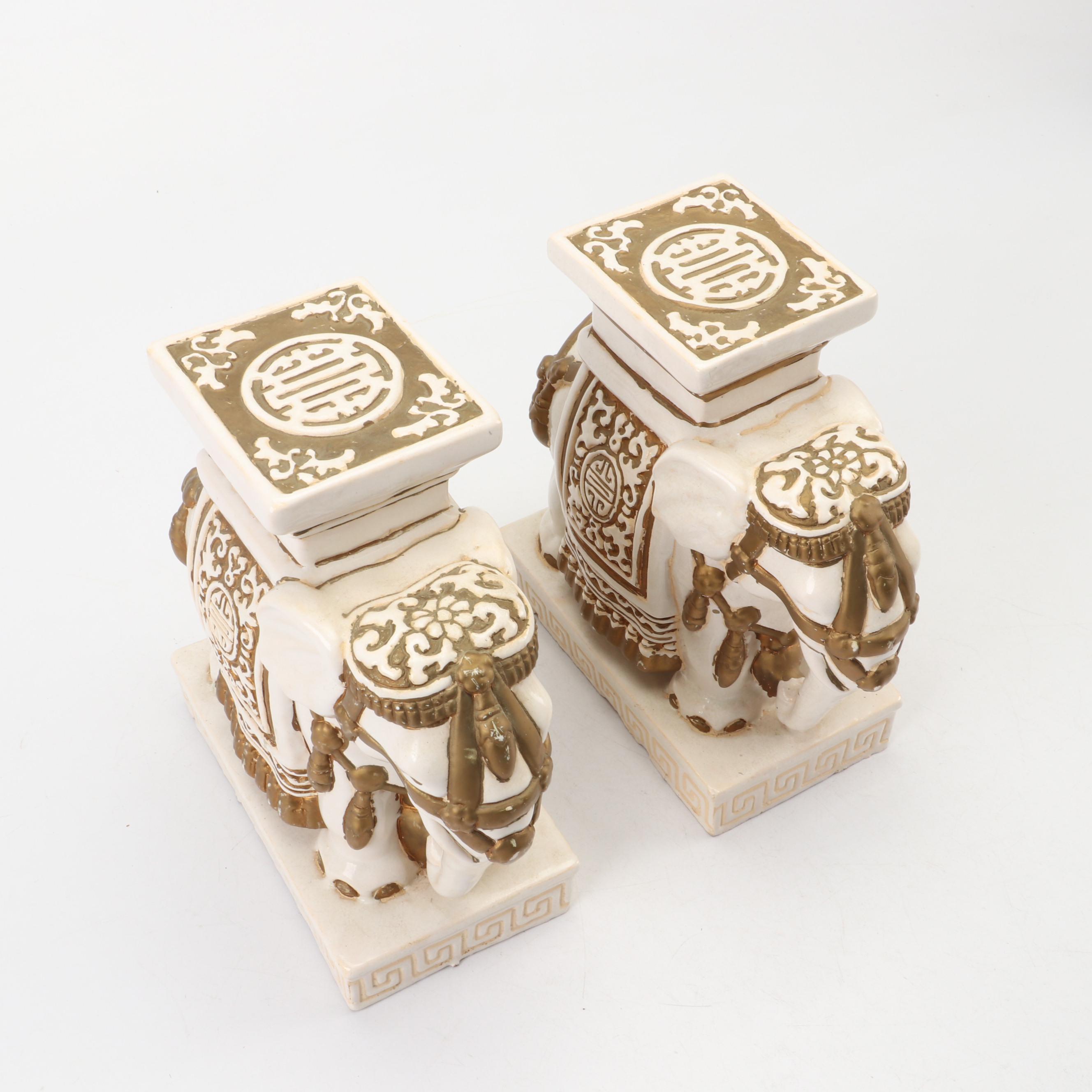 Pair of Ceramic Elephant Statues with Etched Brass Goblets