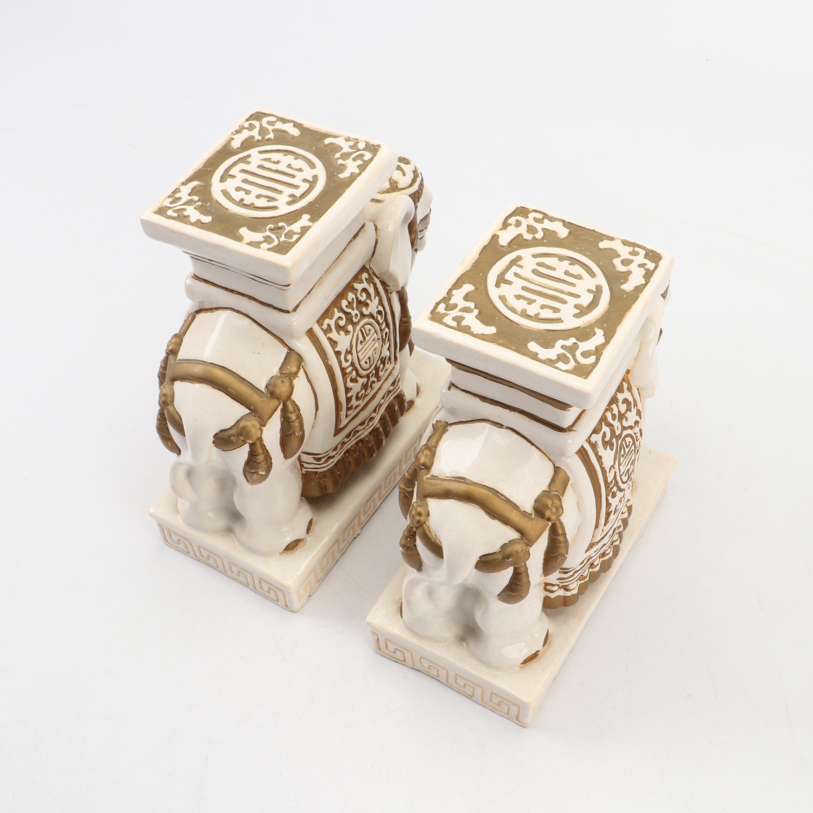 Pair of Ceramic Elephant Statues with Etched Brass Goblets