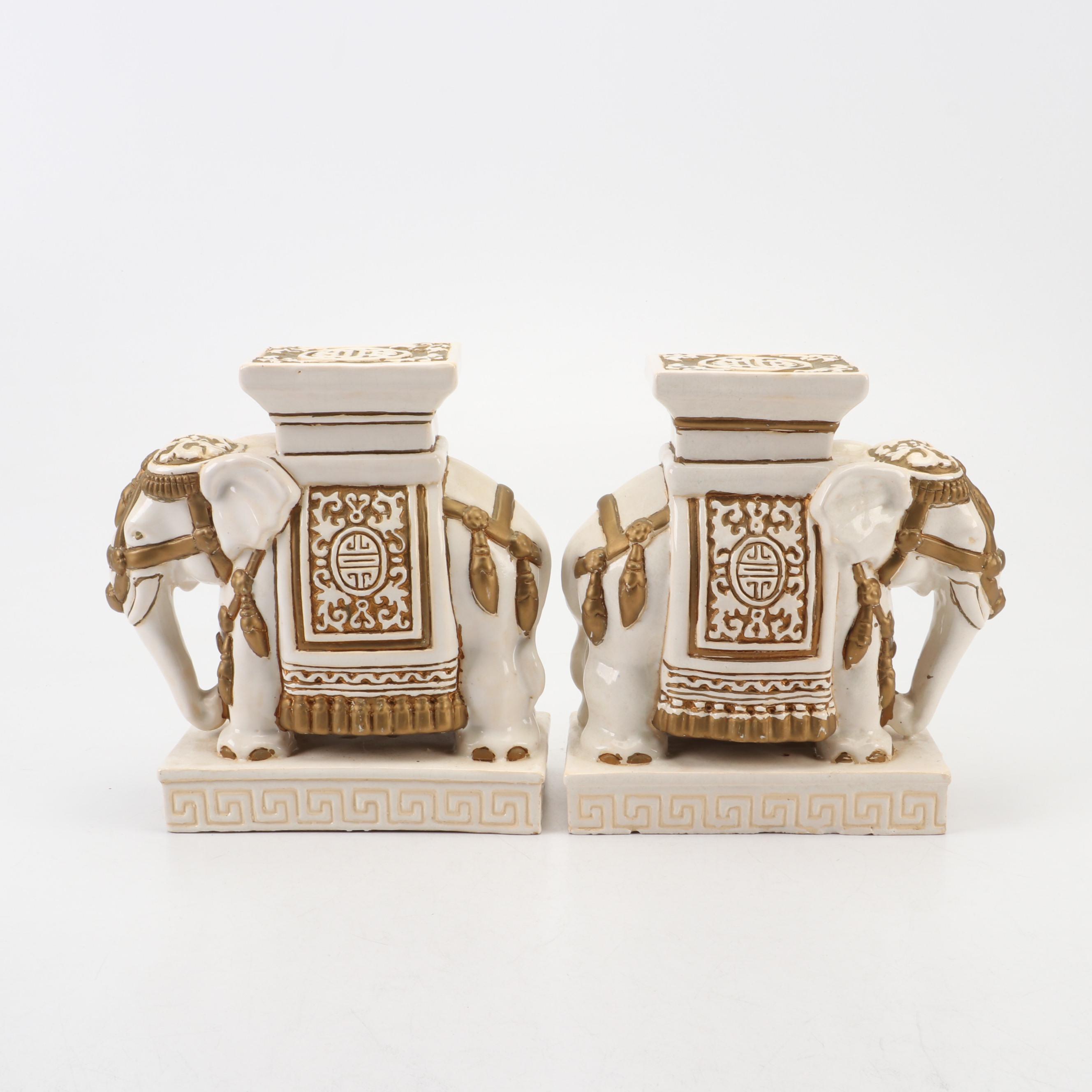 Pair of Ceramic Elephant Statues with Etched Brass Goblets