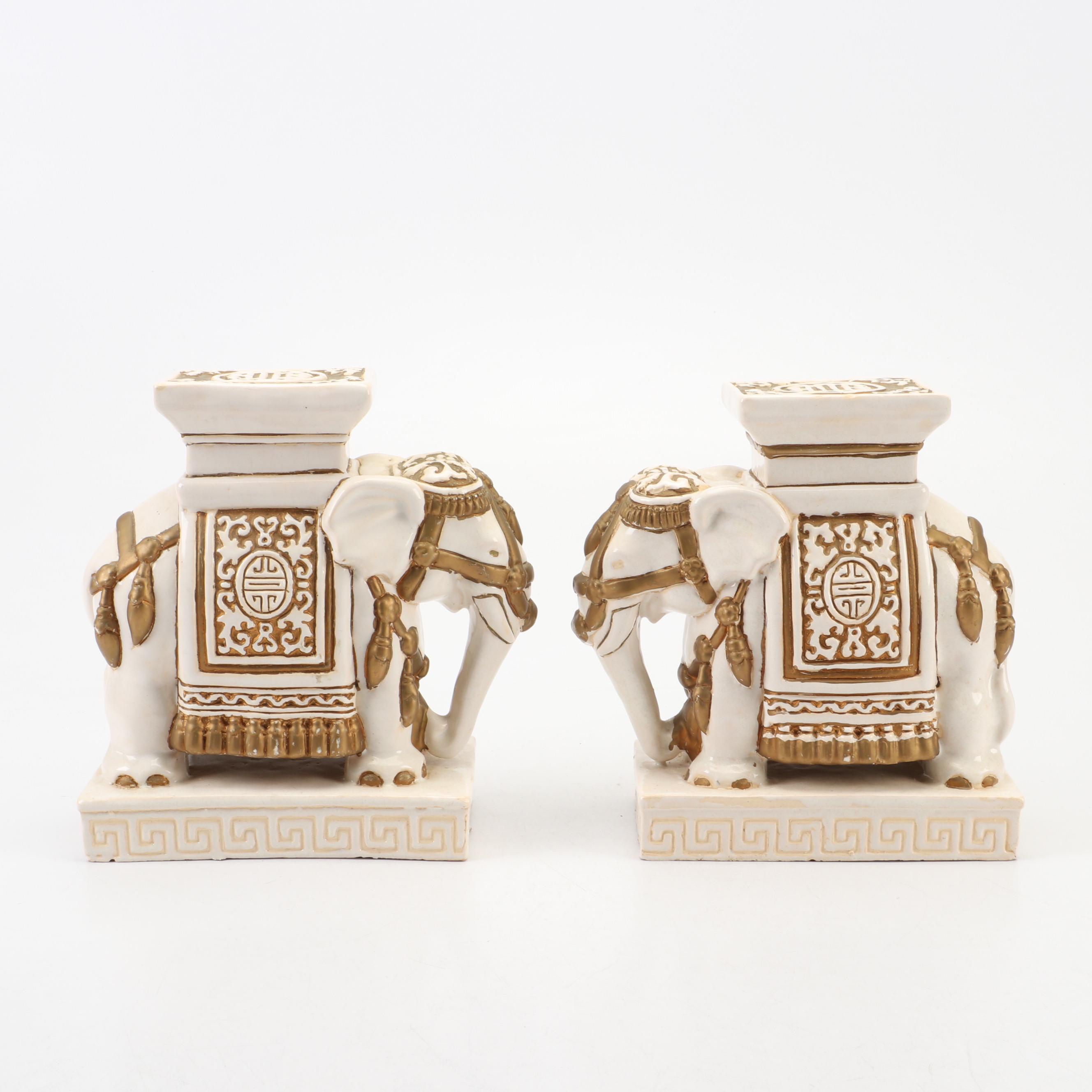 Pair of Ceramic Elephant Statues with Etched Brass Goblets