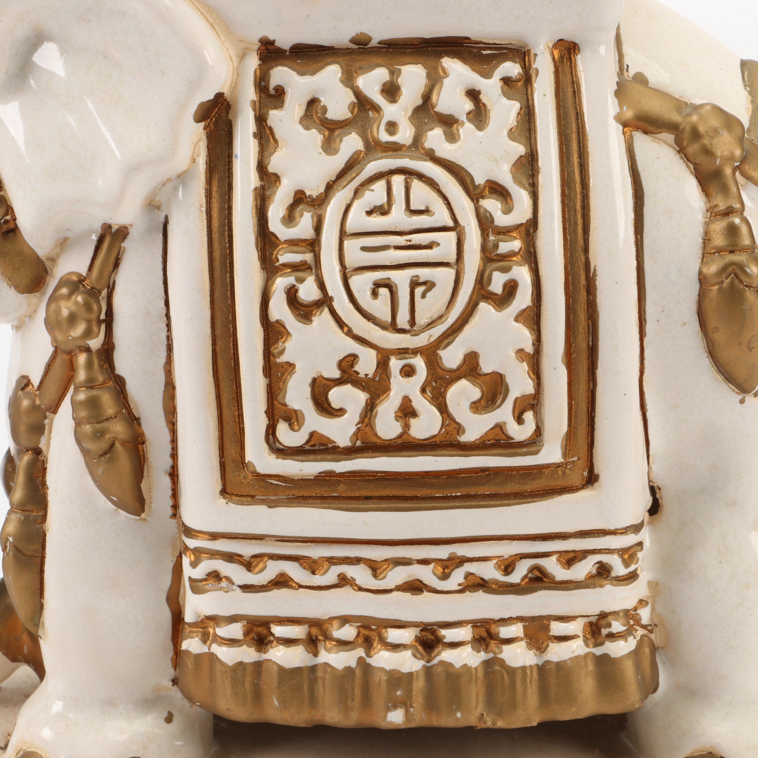 Pair of Ceramic Elephant Statues with Etched Brass Goblets