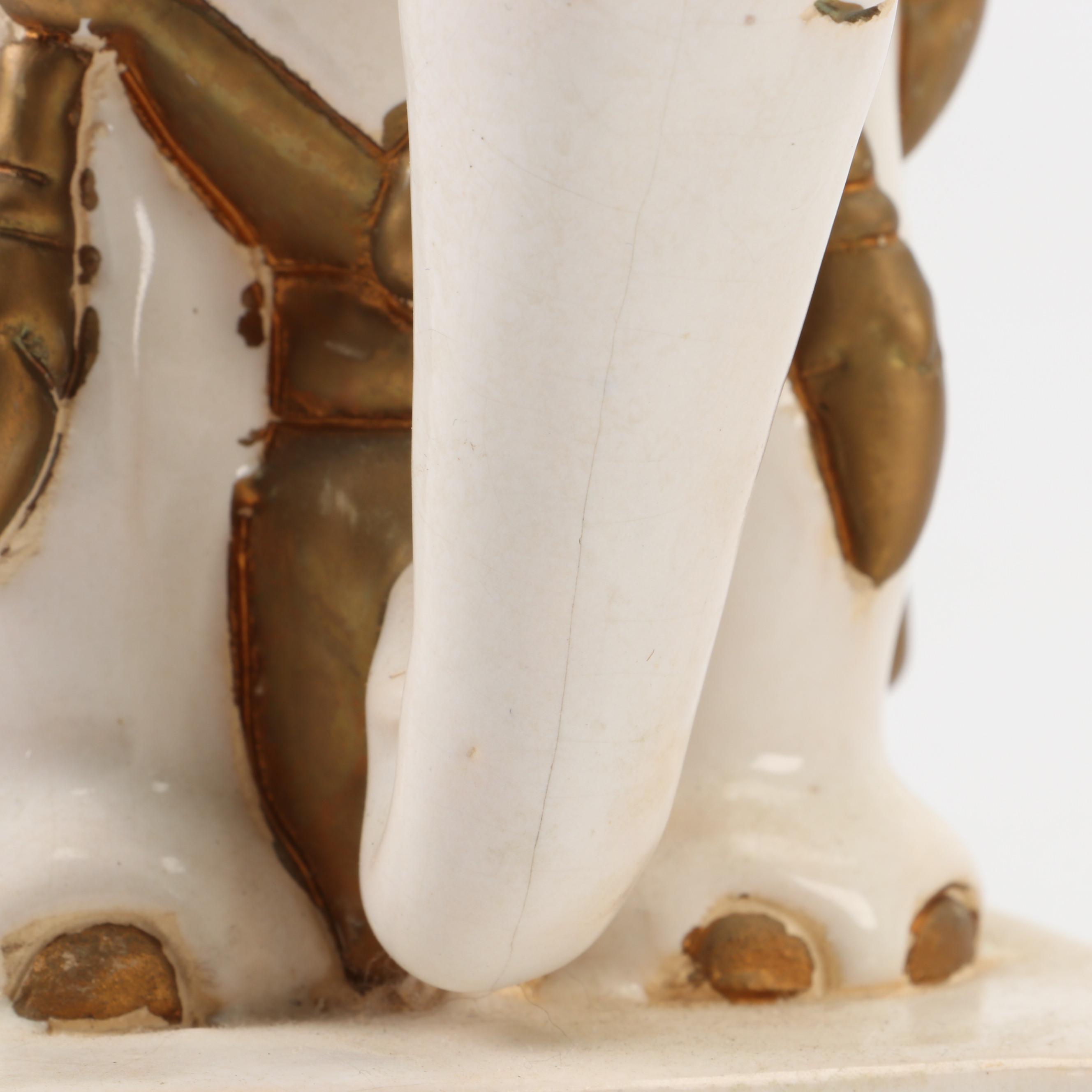 Pair of Ceramic Elephant Statues with Etched Brass Goblets